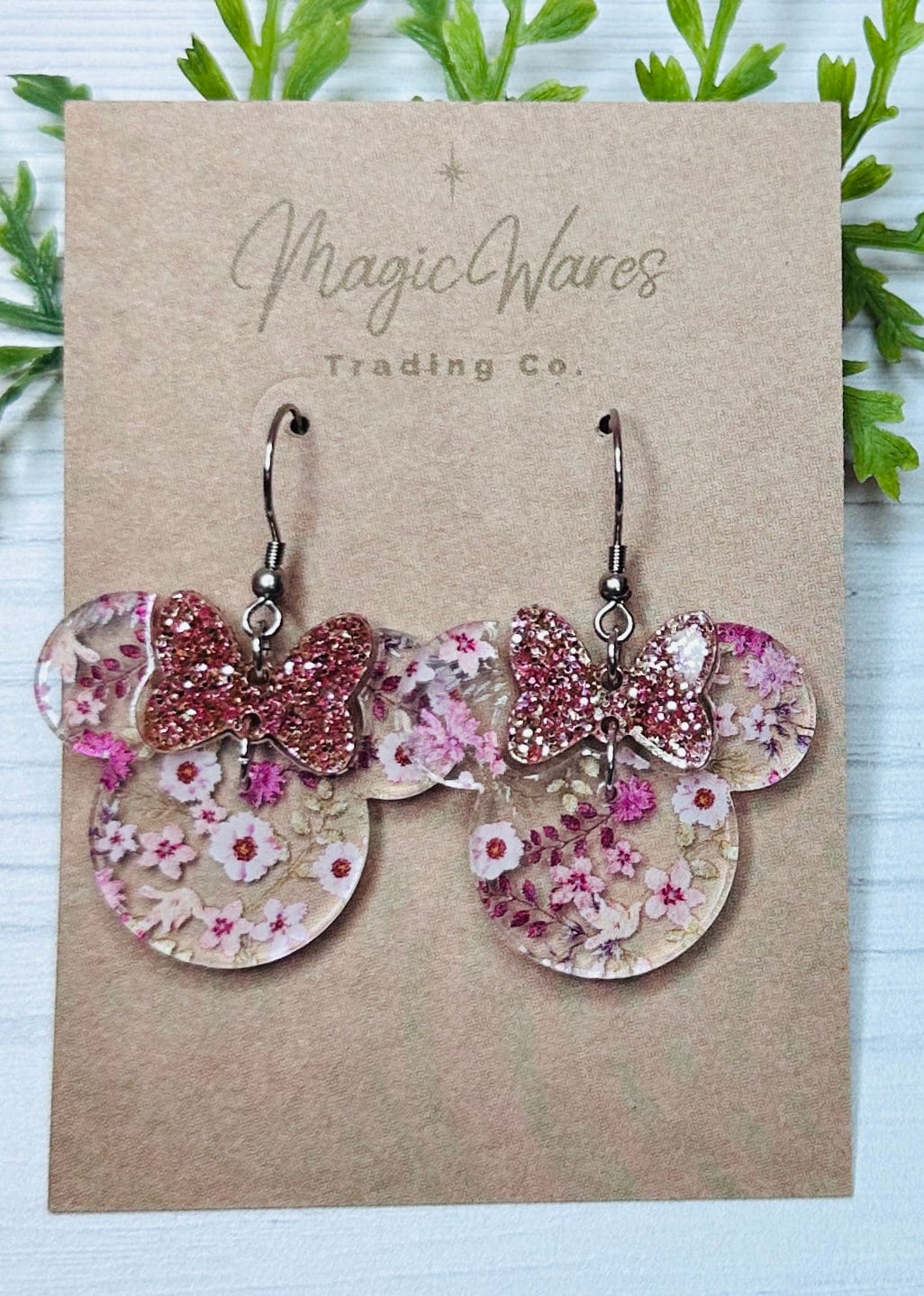 Rose Floral with Rose Gold glitter Bow, Glitter Bow Dangle Earrings, Laser cut Glitter Acrylic Earrings Handmade Pink Floral Earrings