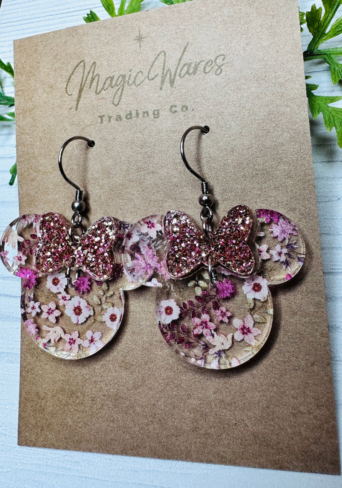 Rose Floral with Rose Gold glitter Bow, Glitter Bow Dangle Earrings, Laser cut Glitter Acrylic Earrings Handmade Pink Floral Earrings