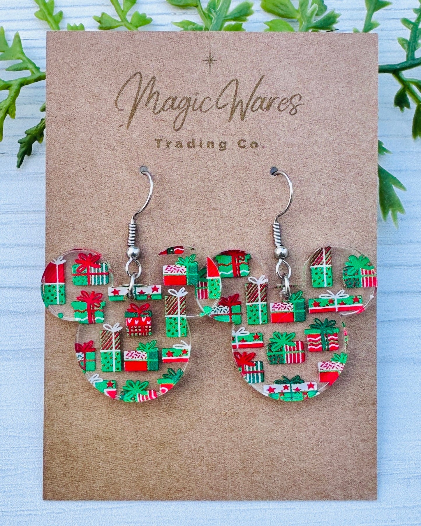 Christmas Presents Laser Cut Christmas Gift patterned Crystal Acrylic Earrings Dangle Earrings, Christmas Earrings Christmas Party Earrings