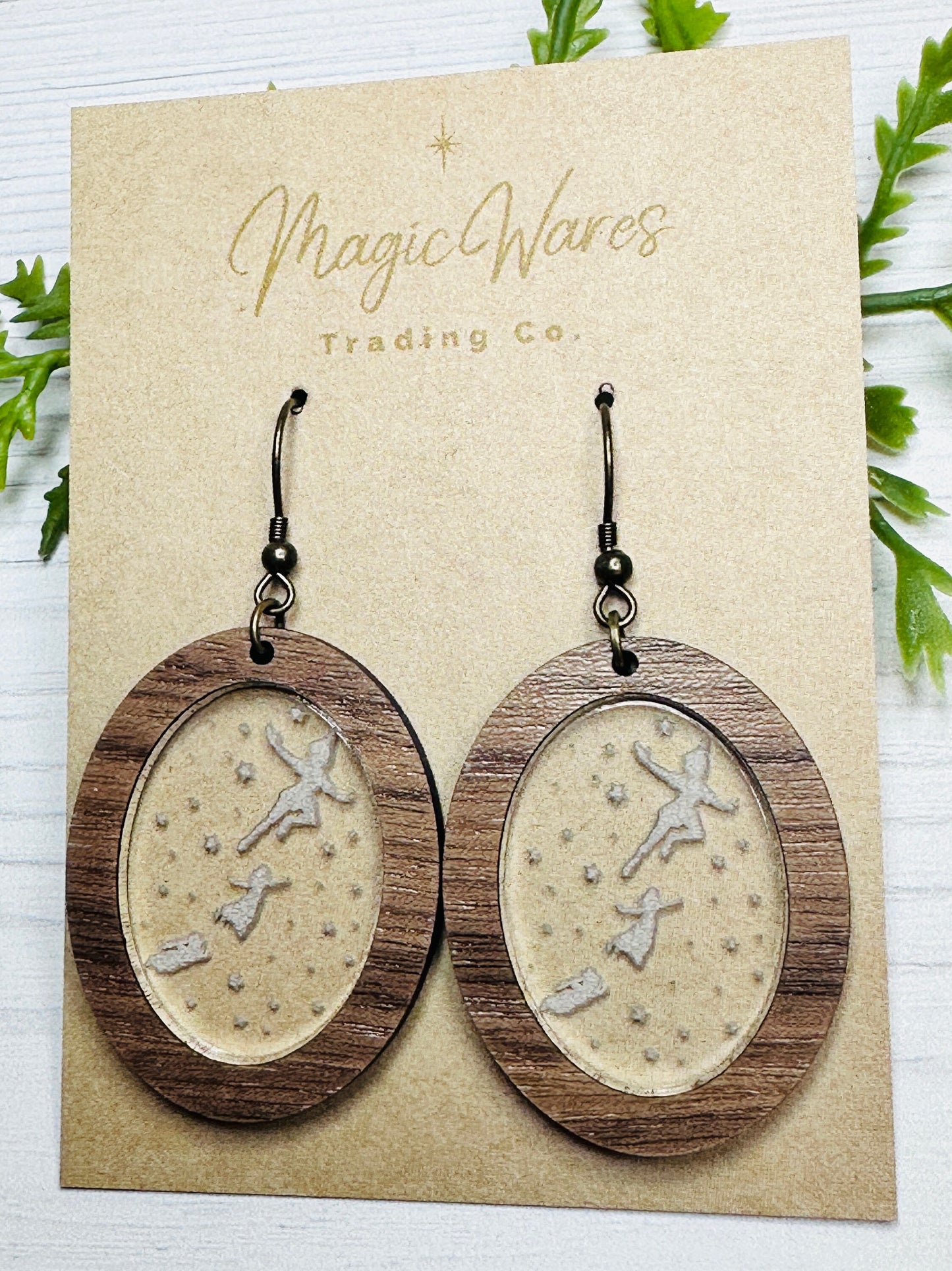 You Can Fly, Laser Cut Walnut Wood and Engraved Acrylic Dangle Earrings, Made to order wood and acrylic earrings