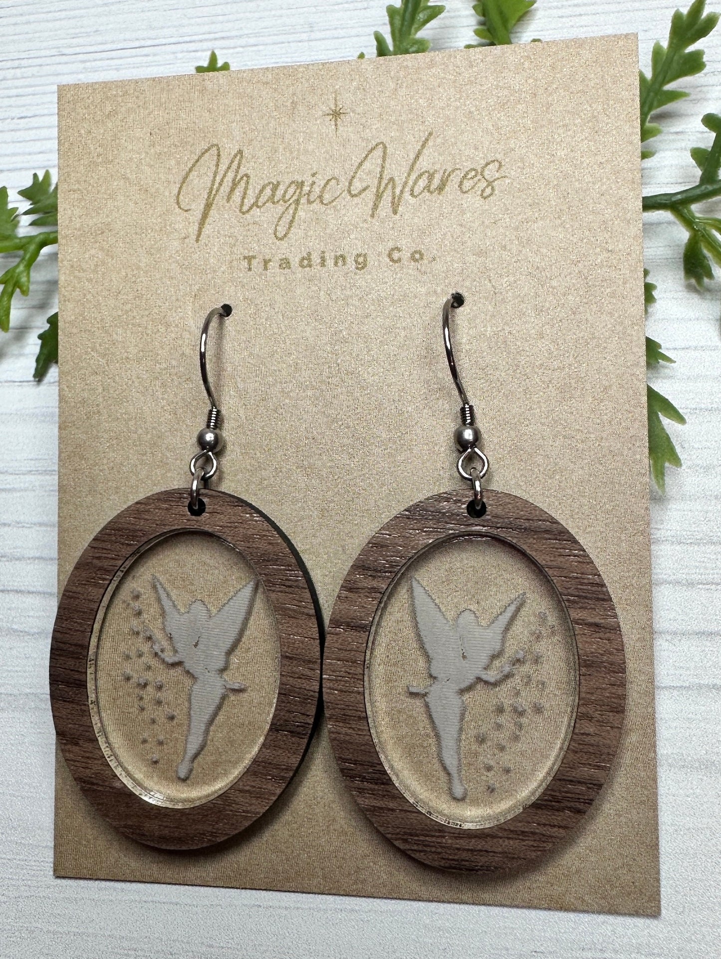 Pixie Dangle Earring Laser Cut Hardwood Engraved Crystal Acrylic Dangle Earrings Tinkerbell inspired earrings