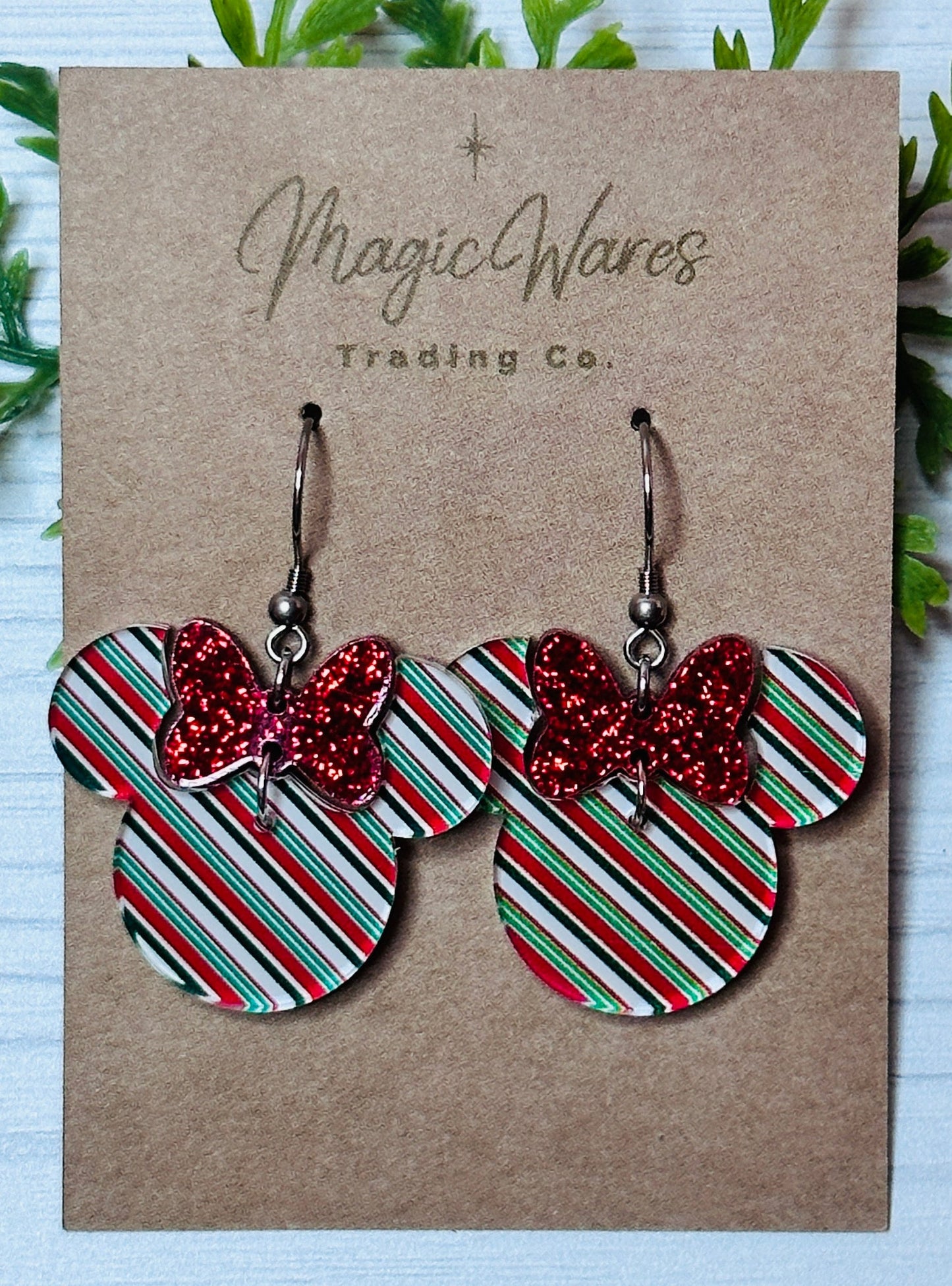 Green Candy Stripe Red Glitter Minnie Bow Earrings Laser cut Pattern Acrylic Earrings Christmas Earrings Very Merry Christmas Party earrings