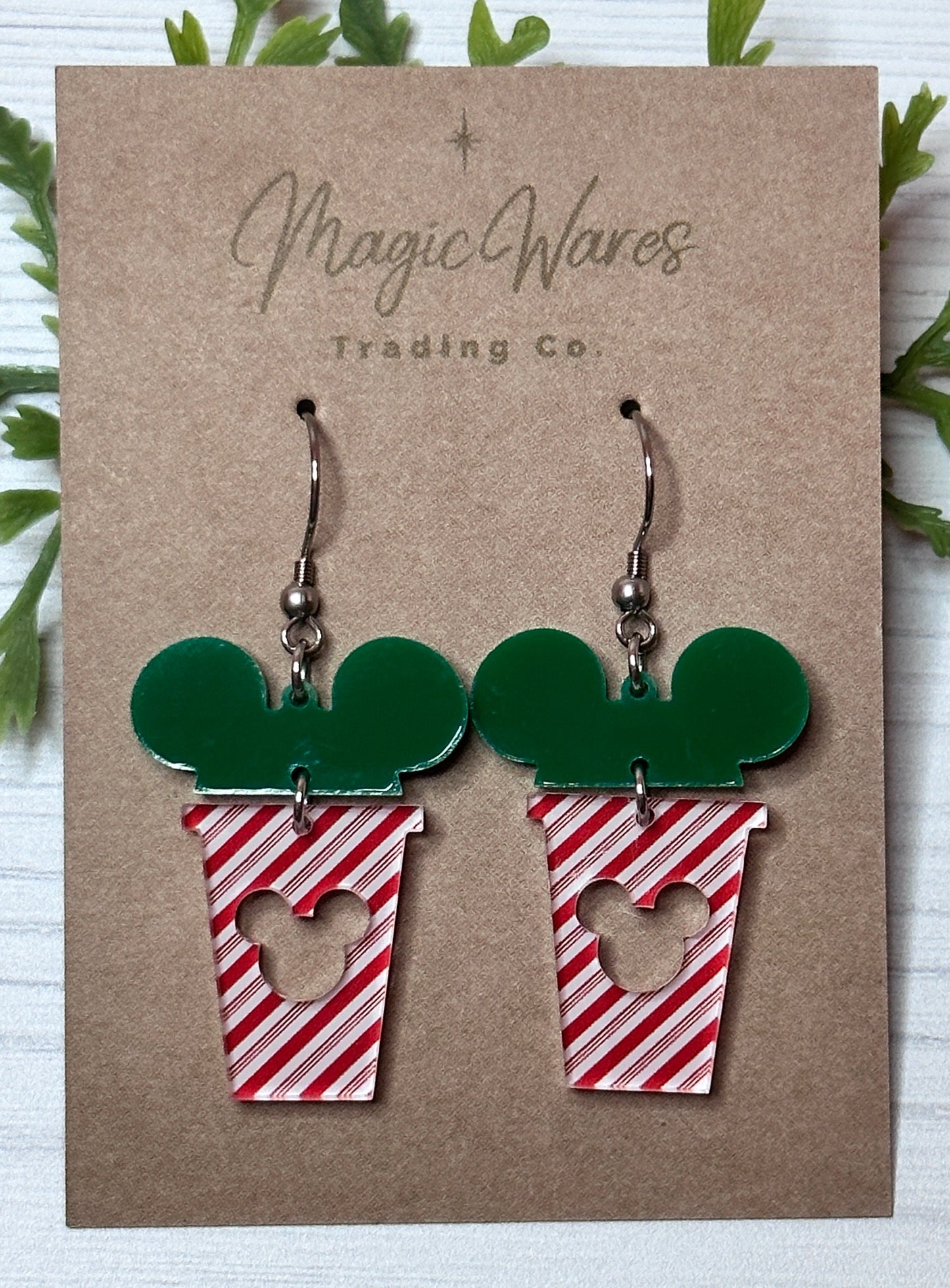 Christmas Red Cup, Coffee cup shaped Laser cut Green and Candy Cane striped Acrylic Earrings Christmas earrings Very Merry Christmas Party