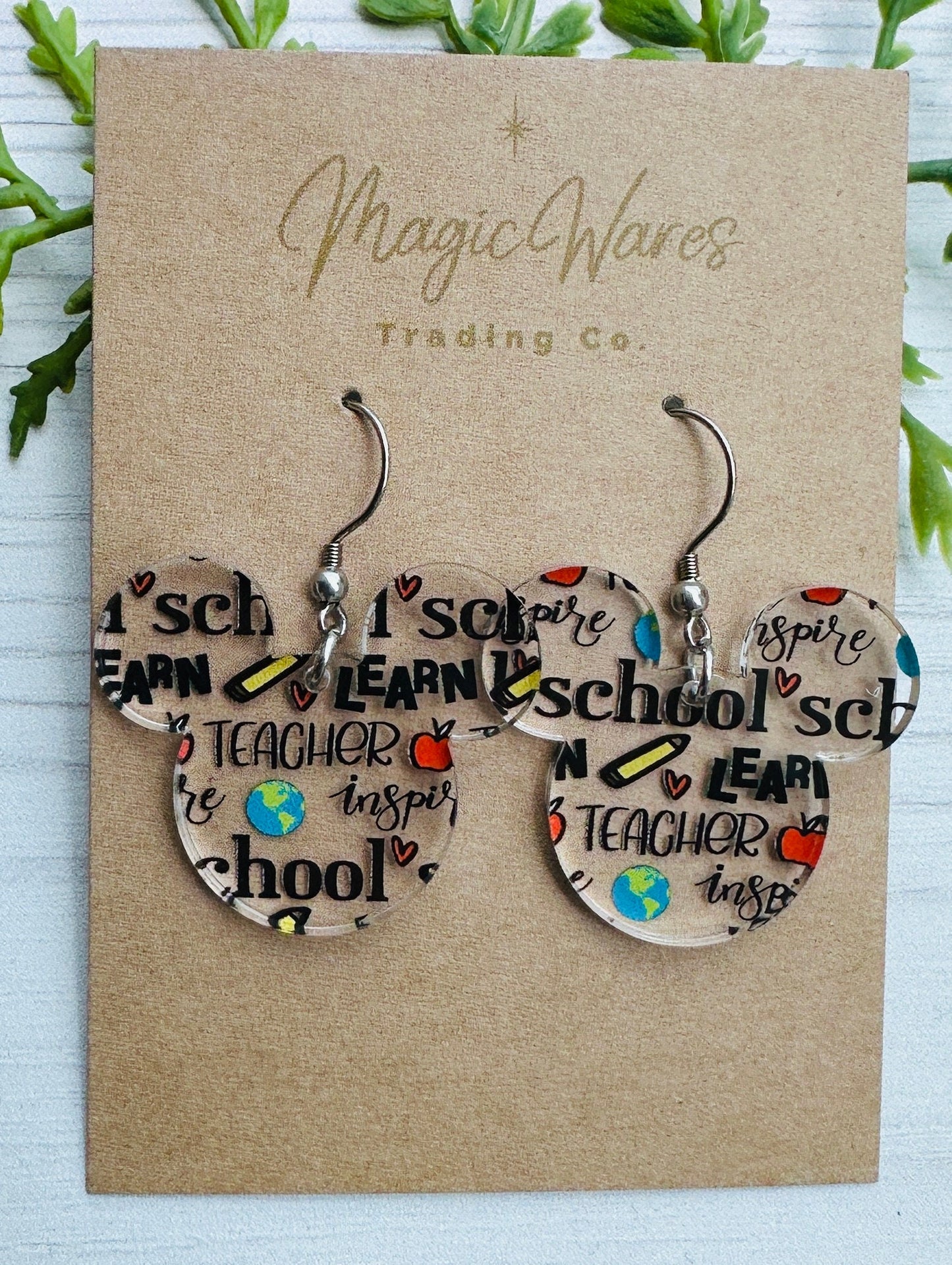 Teacher Inspired Mouse head Laser cut School Words Patterned Crystal Acrylic Earrings Back to school earrings gift for teacher