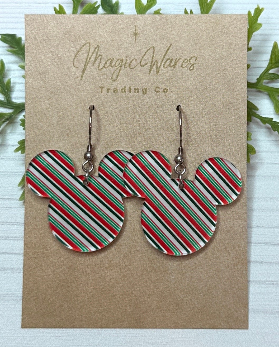 Green and Red Candy Stripe Laser Cut Earrings, Green Candy Cane patterned Crystal Acrylic Earrings, Very Merry Christmas Party Earrings