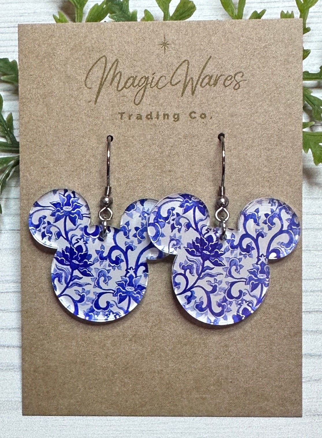 Blue China Mouse Laser Cut Blue Floral Fine China Patterned Acrylic Earrings, Dangle Earrings, Made to order, Glowforge Earrings