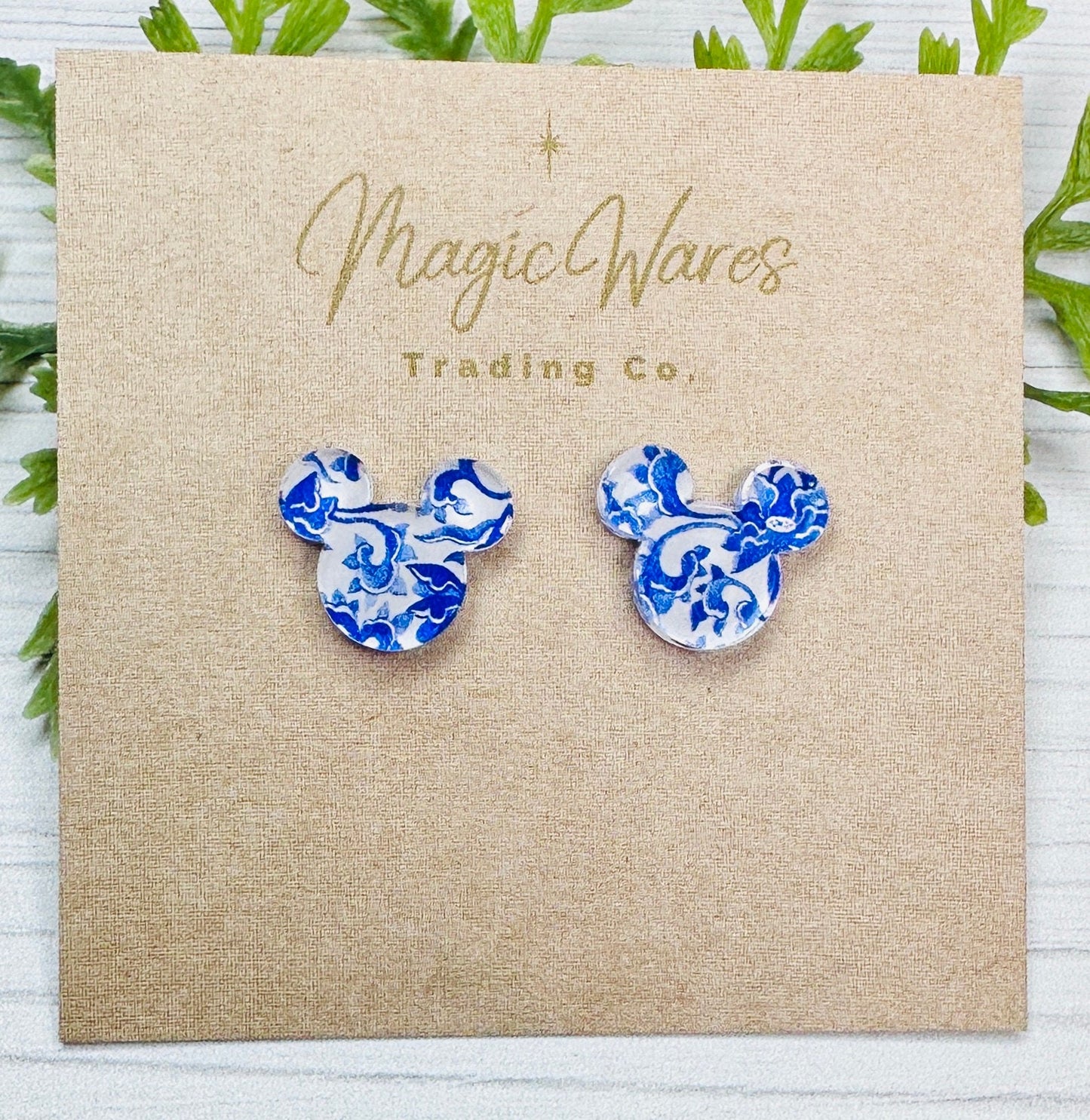 Blue China Stud Laser cut Crystal Acrylic Earrings Pierced earlobe hypoallergenic post back, Blue Fine China pattern crystal acrylic earring