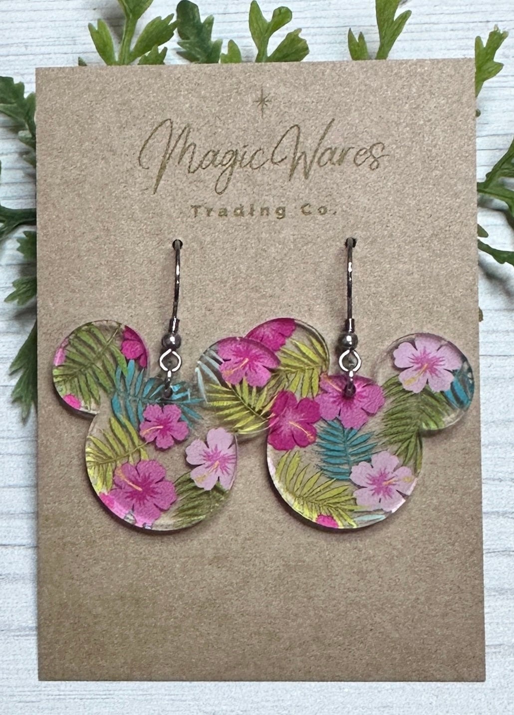 Pink Hibiscus Mouse Laser Cut Earrings Bright Pink and Light Pink Hawaiian Hibiscus Patterned Acrylic Dangle Earrings Aulani inspired