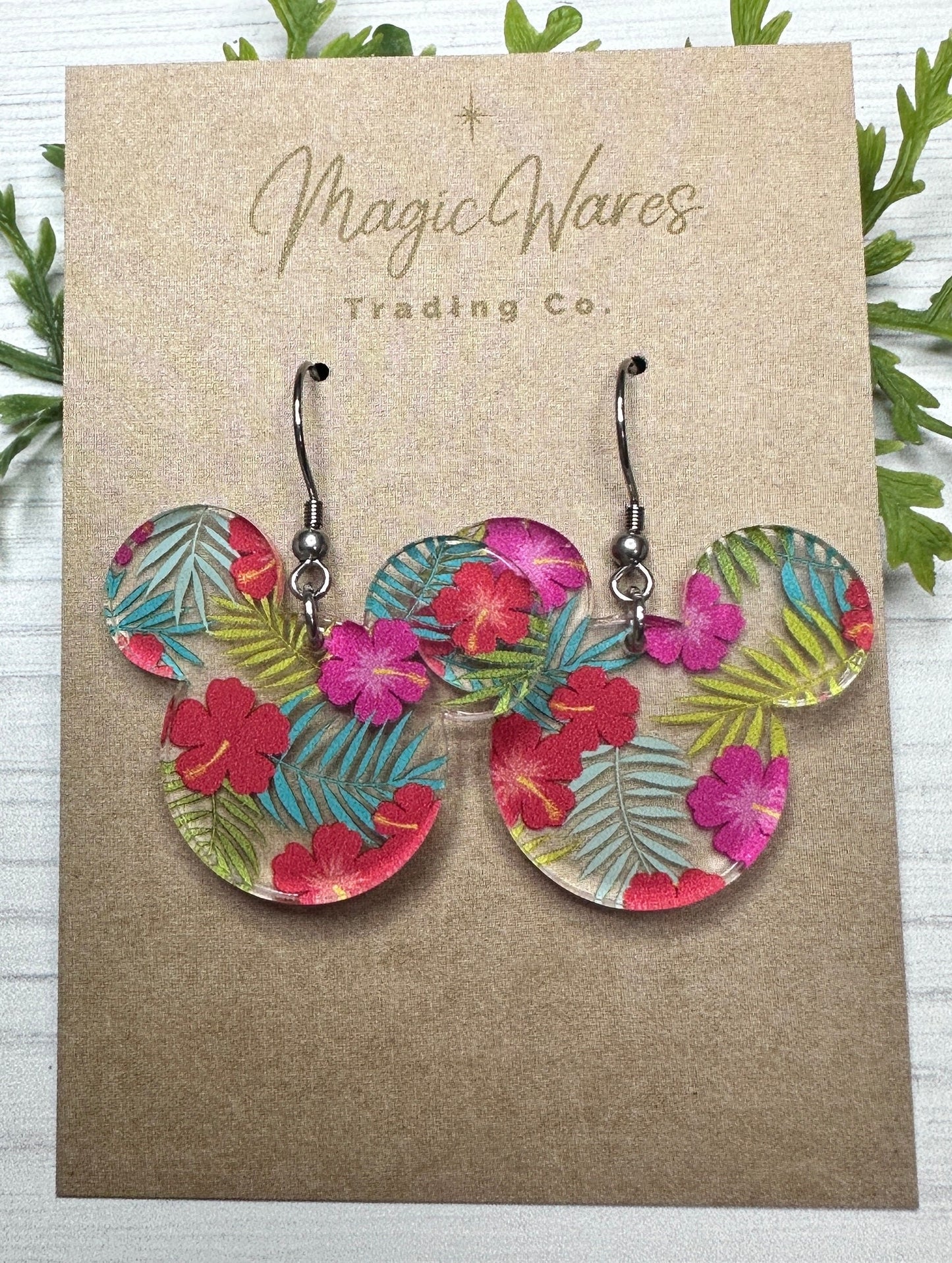 Red Hibiscus Mouse Laser Cut Earrings Red and Dark Pink Hawaiian Hibiscus Patterned Acrylic Dangle Earrings Aulani inspired