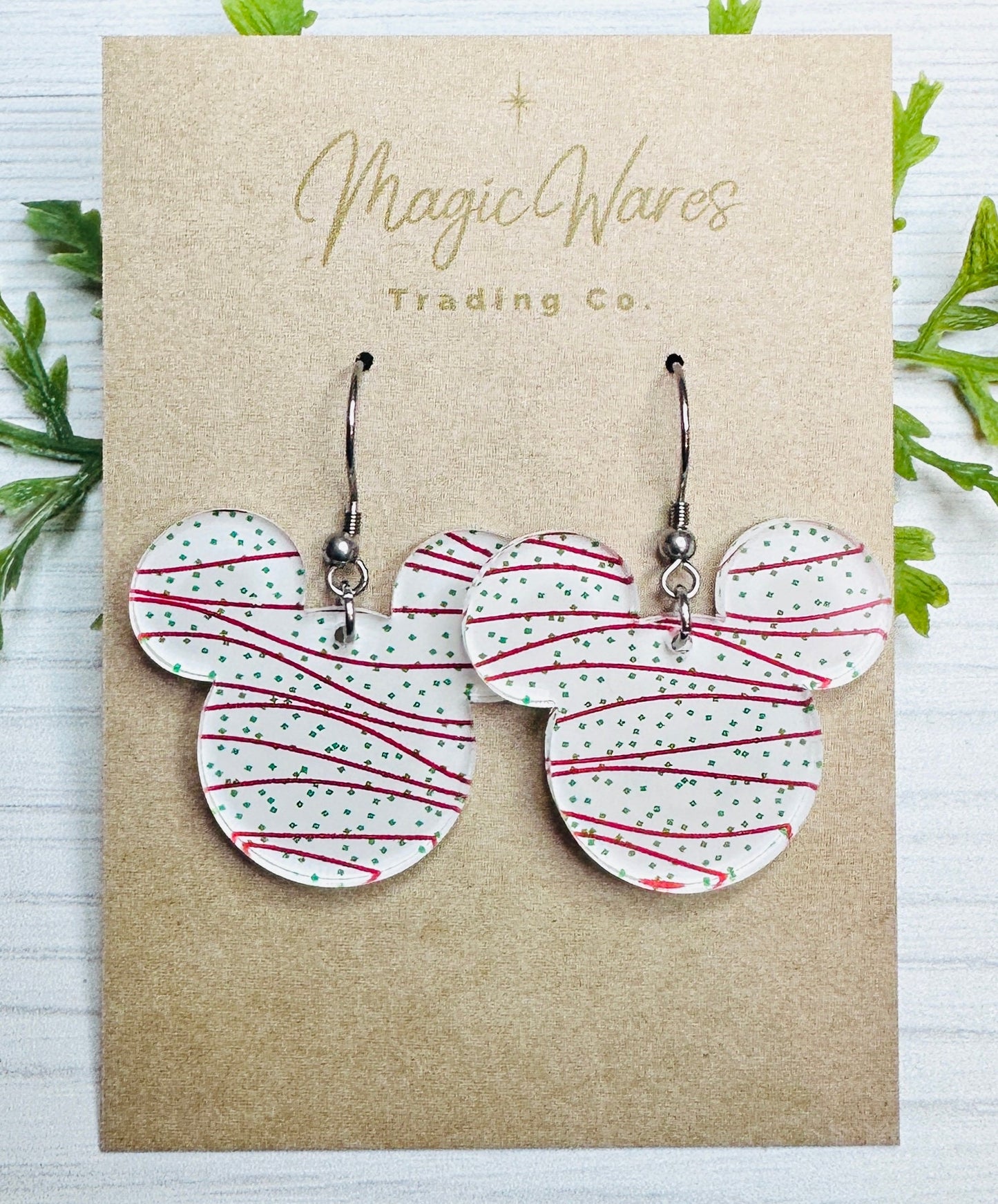 Snack Cake Laser Cut Christmas Earrings, Famous snack cake pattern Red icing Green Sprinkles Crystal Acrylic Dangle Earrings Christmas Party