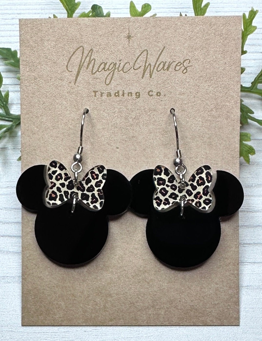 Leopard Minnie Leopard Bow Dangle, Laser cut Black Acrylic Earrings Animal Print Earrings Animal Kingdom inspired earrings
