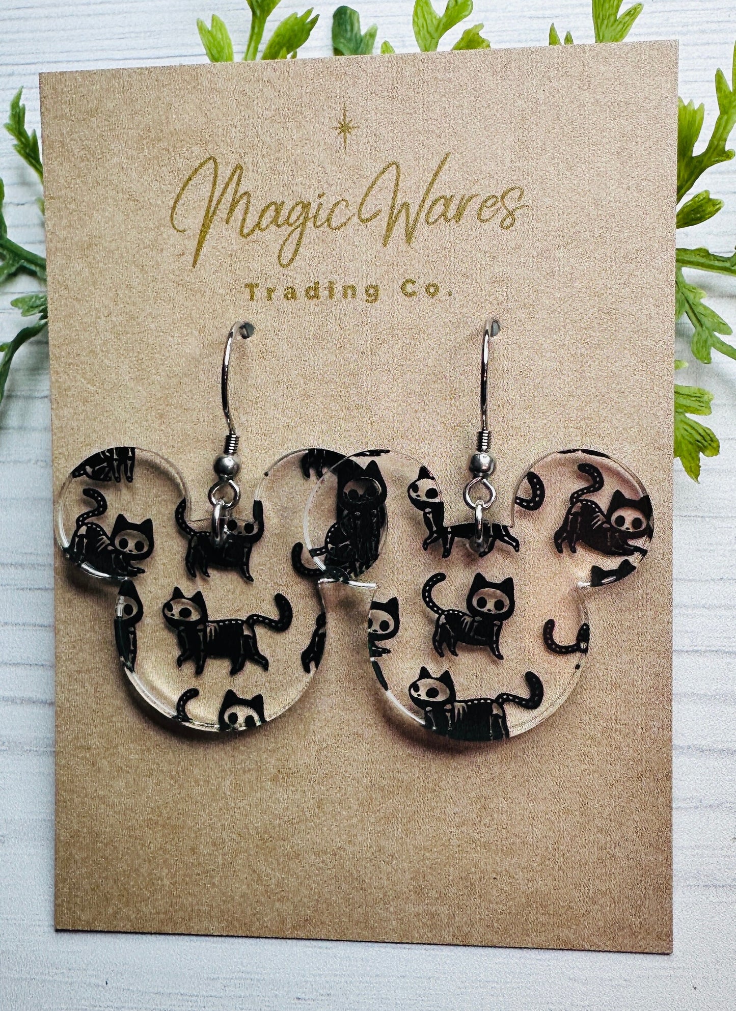 Skeleton Cats Laser Cut Acrylic Earrings Dangle Earrings Crystal acrylic with Skeleton Cat Pattern Halloween earrings