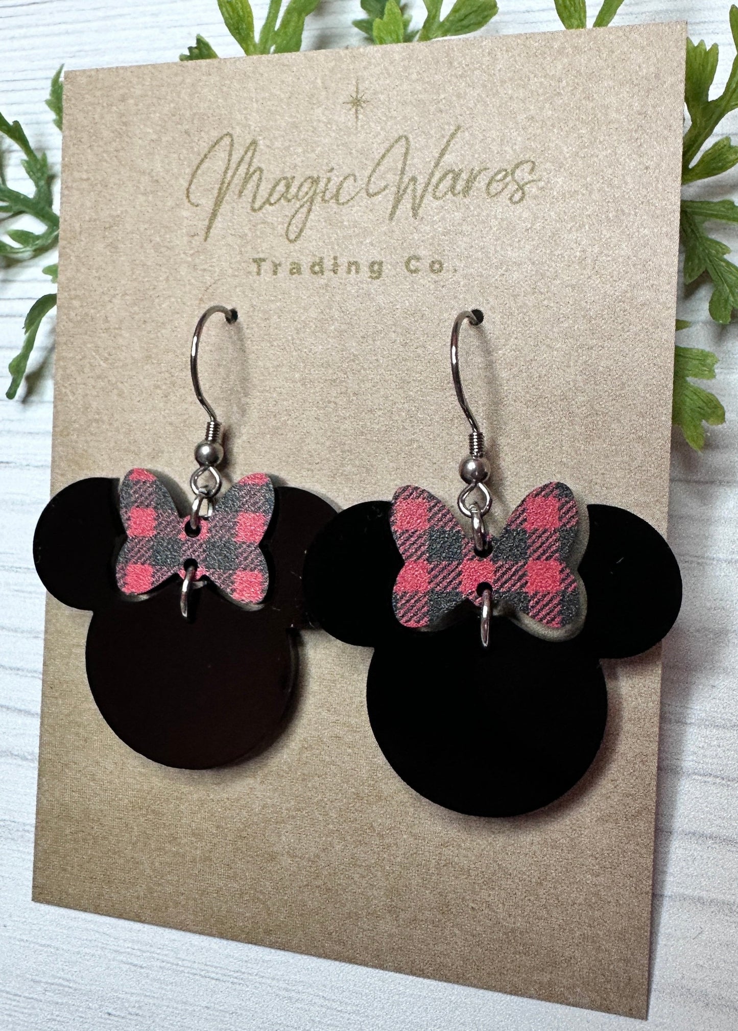Red Plaid Minnie Bow Dangle Earrings, Laser cut Black Acrylic Earrings Buffalo plaid bow black earrings Christmas Earrings, Fall Earrings