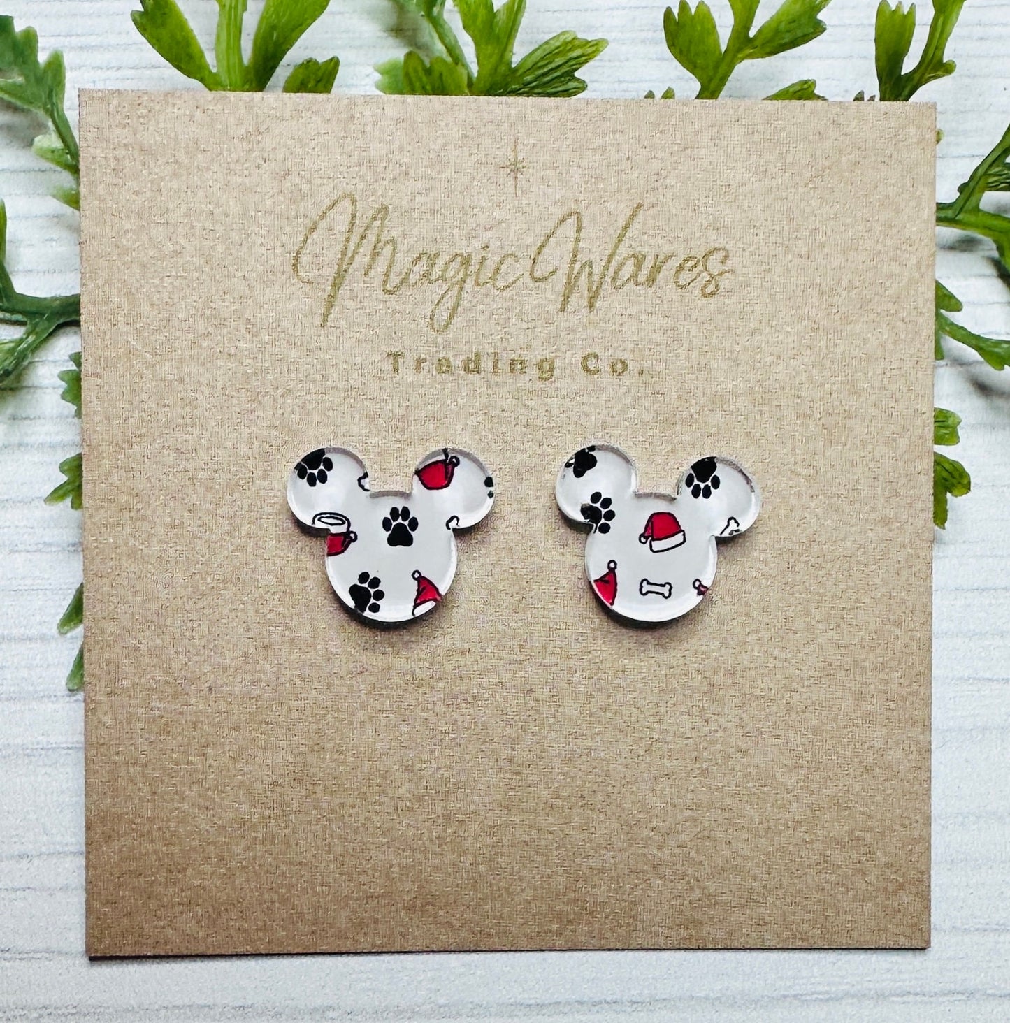 Santa Paws Stud Earrings Laser Cut PaawPrint Pattern Crystal Acrylic, Stainless Steel posts Pierced Earlobe earrings Christmas earrings