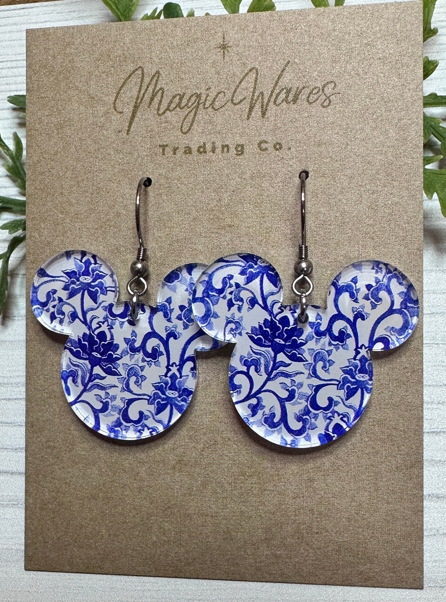 Blue China Mouse Laser Cut Blue Floral Fine China Patterned Acrylic Earrings, Dangle Earrings, Made to order, Glowforge Earrings