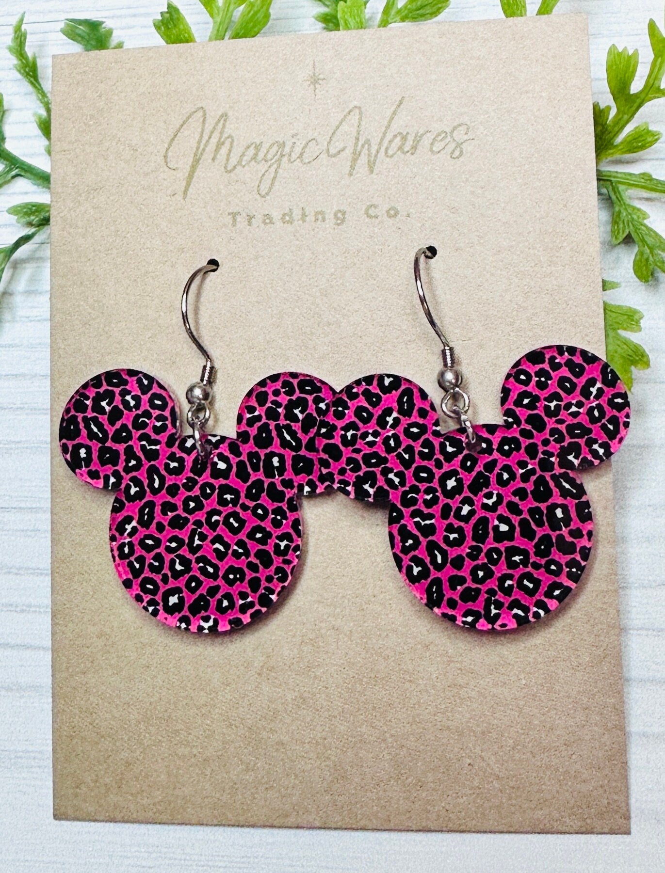 Pink Leopard Mouse, Laser Cut Bright Pink Leopard pattern on Crystal Acrylic Pierced earlobe Dangle Earrings Animal Kingdom Earrings