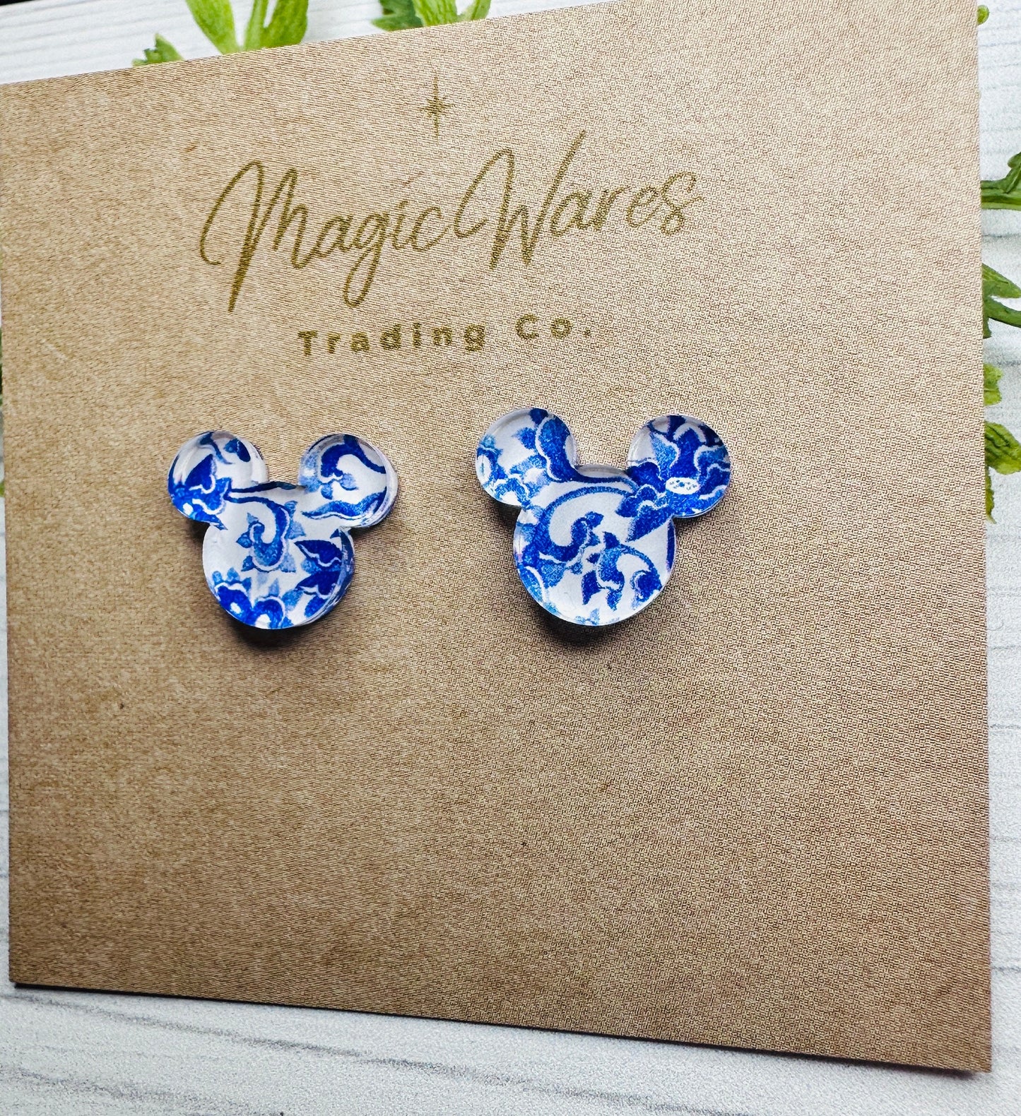 Blue China Stud Laser cut Crystal Acrylic Earrings Pierced earlobe hypoallergenic post back, Blue Fine China pattern crystal acrylic earring