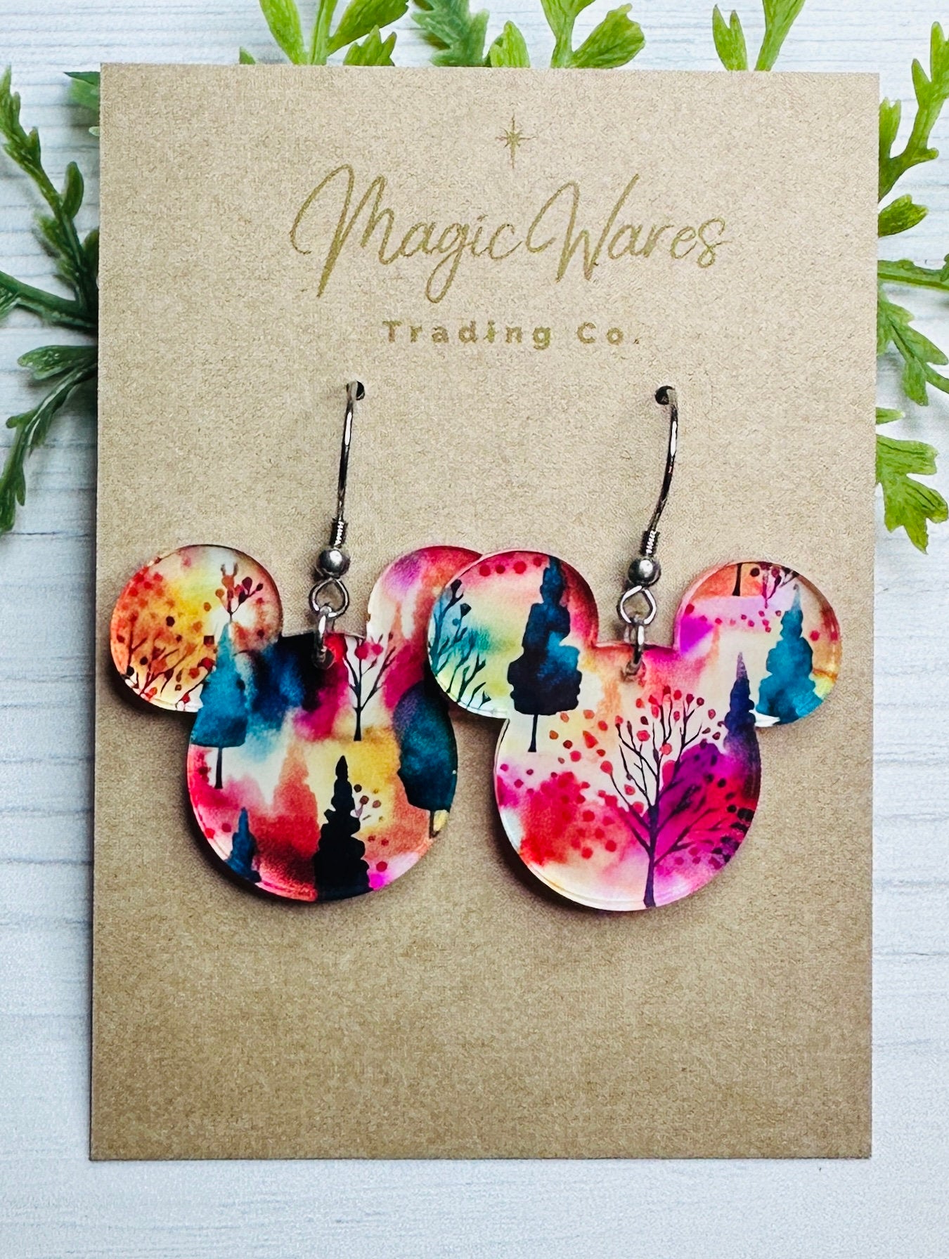 Watercolor Trees Laser Cut Dangle Earrings , Abstract Watercolor Trees patterned Crystal Acrylic Earrings Dangle Earrings Autumn Earrings