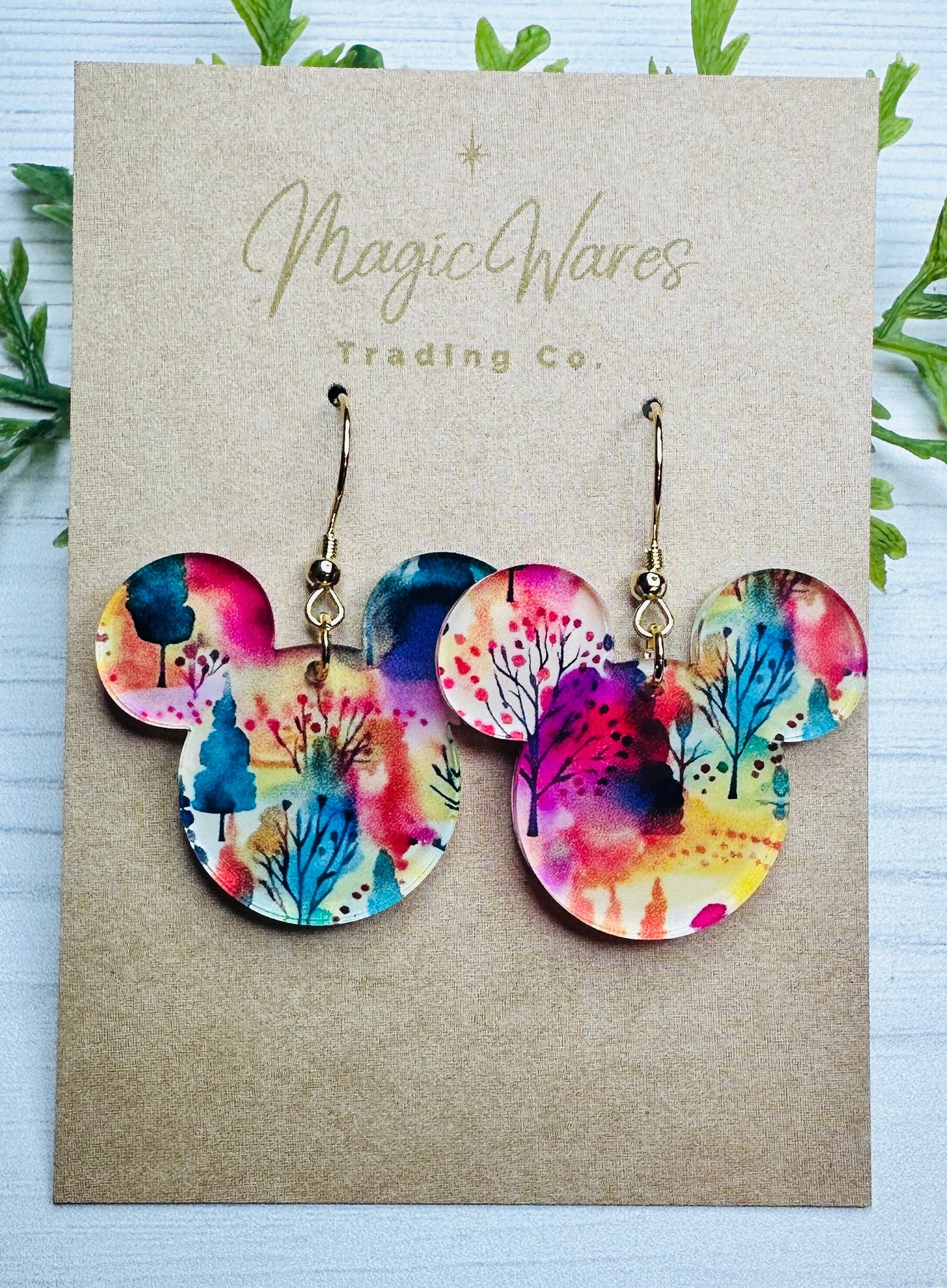 Watercolor Trees Laser Cut Dangle Earrings , Abstract Watercolor Trees patterned Crystal Acrylic Earrings Dangle Earrings Autumn Earrings