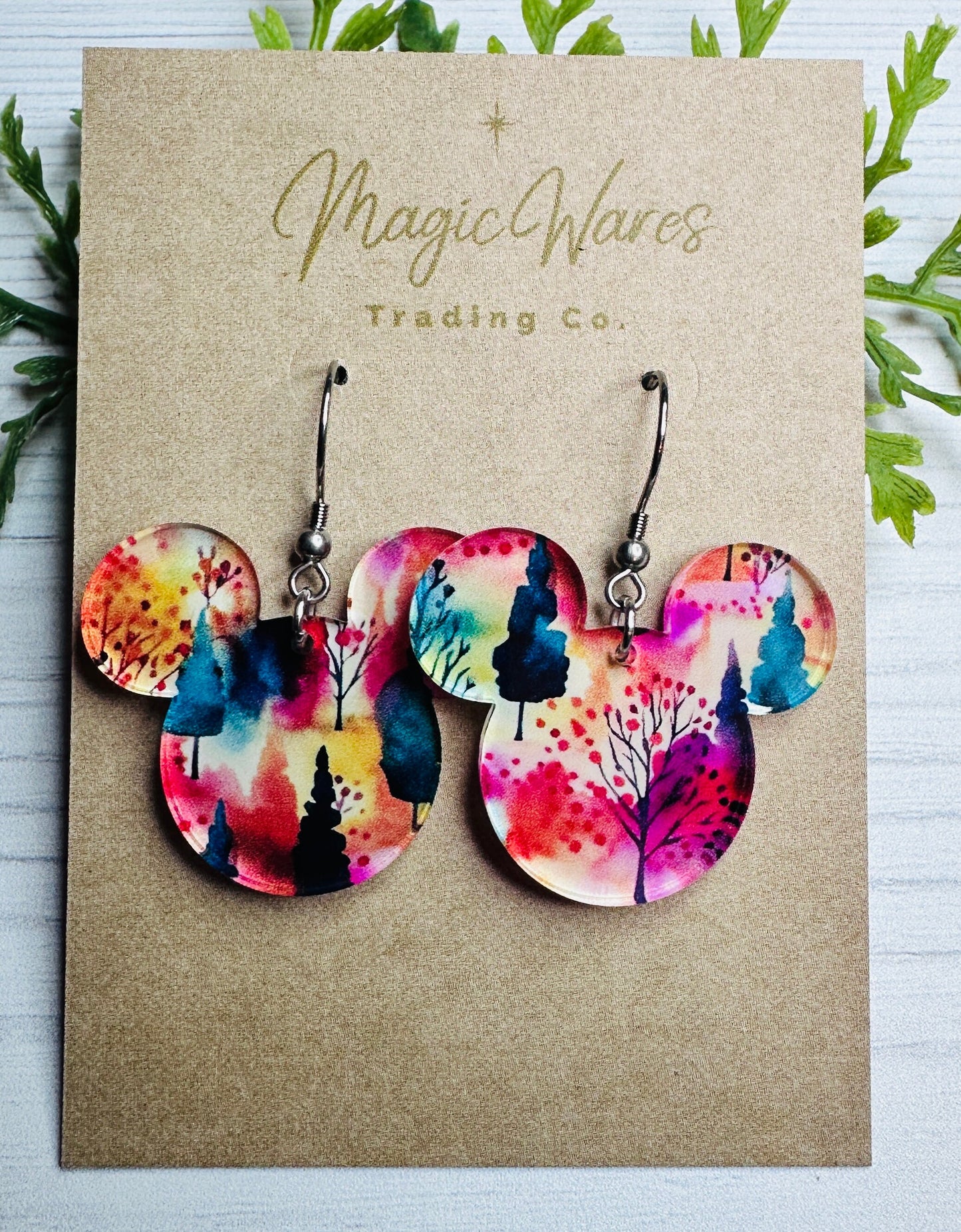 Watercolor Trees Laser Cut Dangle Earrings , Abstract Watercolor Trees patterned Crystal Acrylic Earrings Dangle Earrings Autumn Earrings