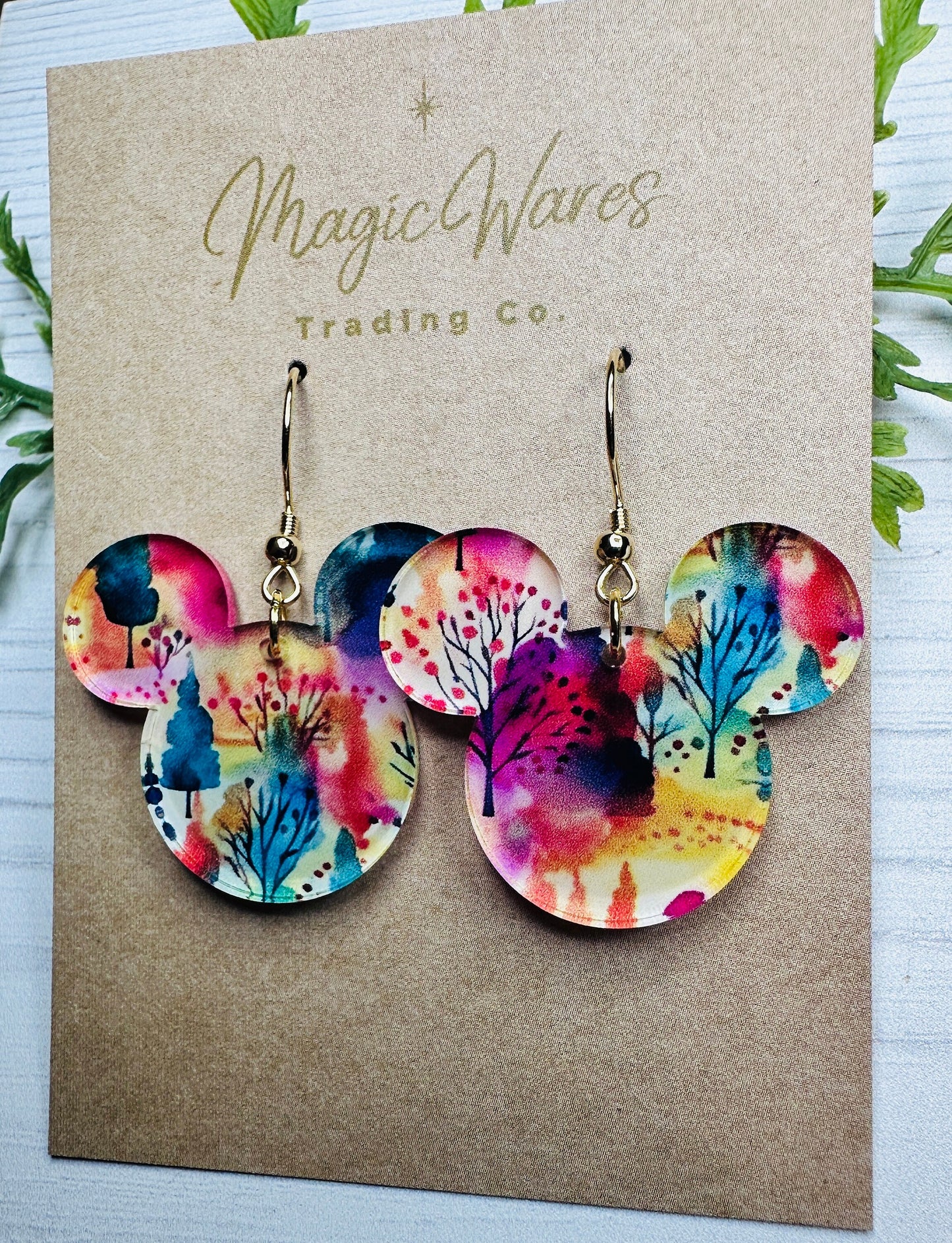 Watercolor Trees Laser Cut Dangle Earrings , Abstract Watercolor Trees patterned Crystal Acrylic Earrings Dangle Earrings Autumn Earrings