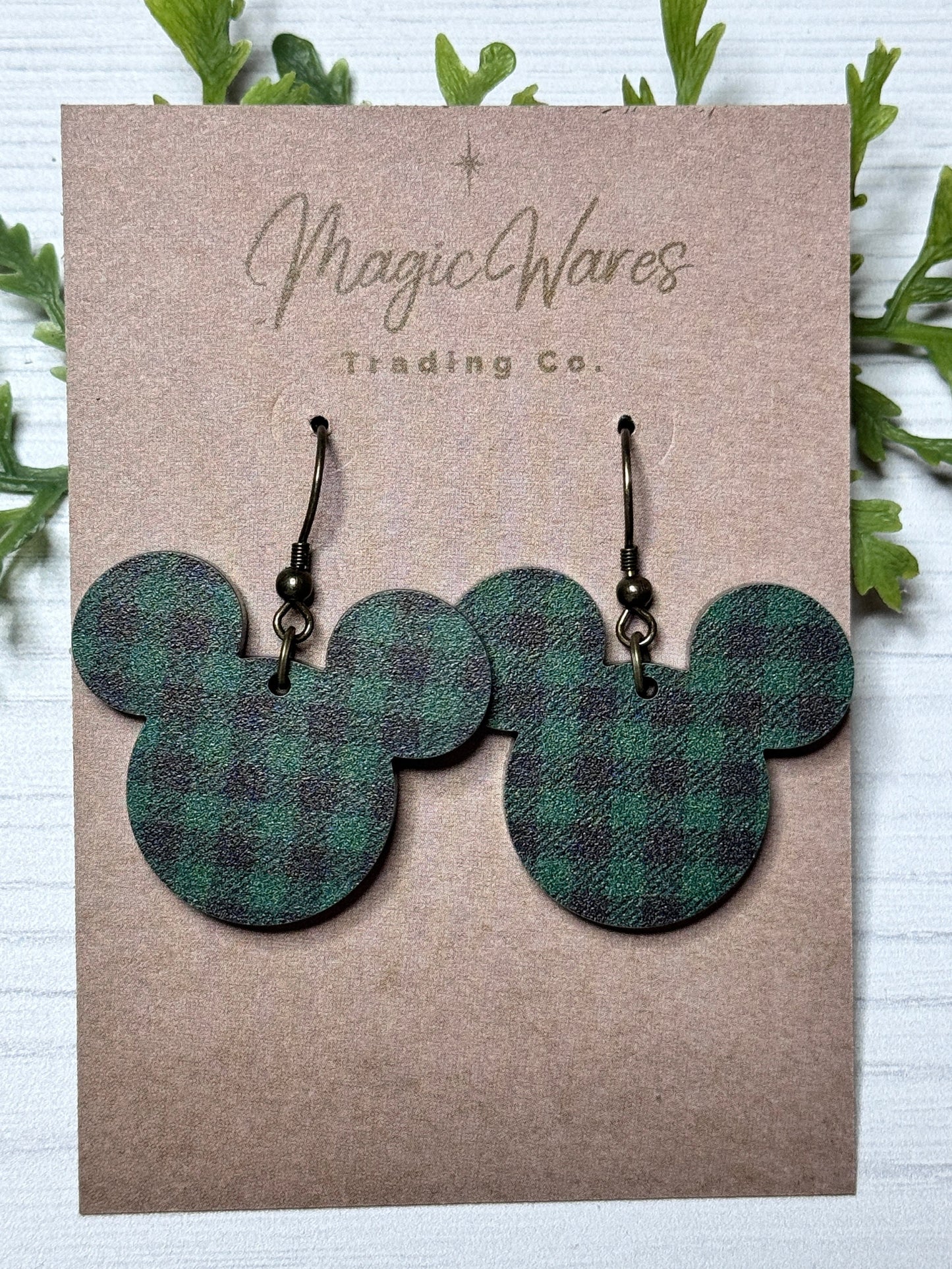 Green and Navy Buffalo Plaid Earrings Laser Cut Mousehead Plaid Acrylic Earrings, Christmas Earrings Very Merry Christmas Party Earrings