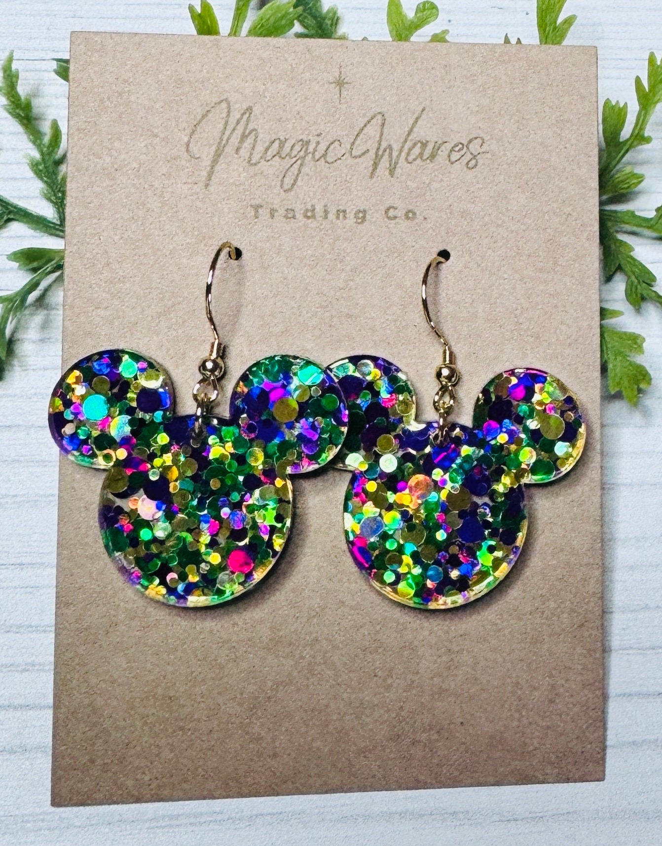 Mardi Gras Glitter Mouse, Laser cut Purple Green and Gold Glitter Patterned Crystal Acrylic Earrings, Laser acrylic glitter earrings
