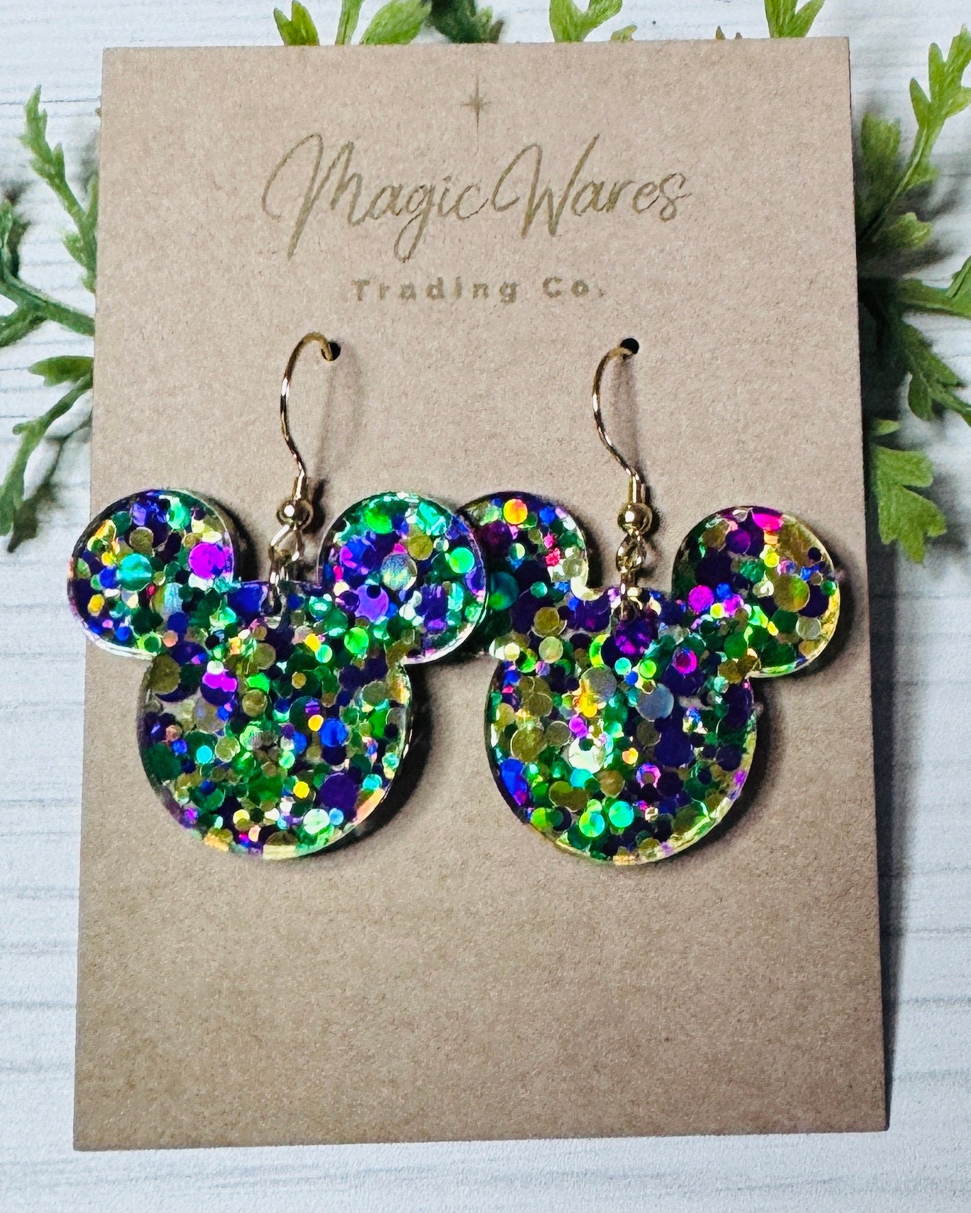 Mardi Gras Glitter Mouse, Laser cut Purple Green and Gold Glitter Patterned Crystal Acrylic Earrings, Laser acrylic glitter earrings