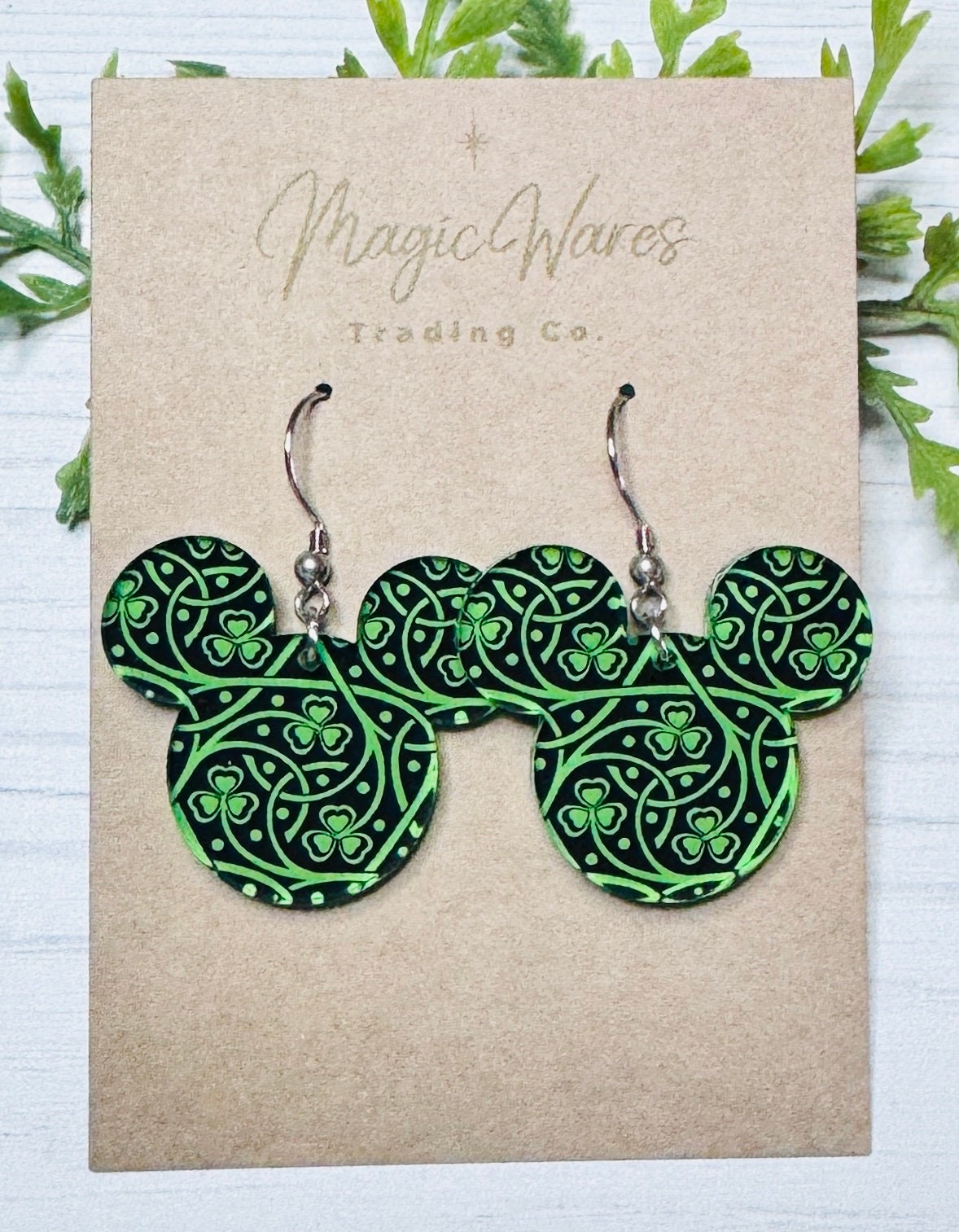Celtic Shamrocks Mouse, Mouse head Laser cut Dark Celtic Shamrocks pattern Patterned Crystal Acrylic Earrings, St. Patricks Day earrings