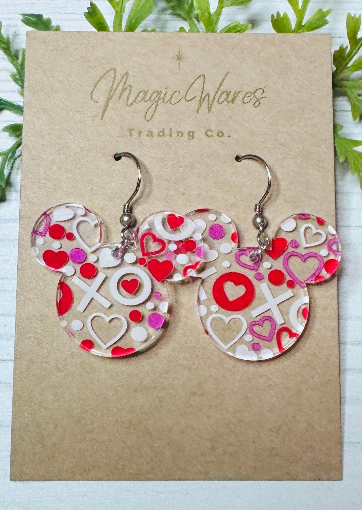 XOXO Mouse head Dangle, Laser cut Pink Red and White XO Hearts Plaid Patterned Crystal Acrylic Dangle Earrings, Valentines earrings