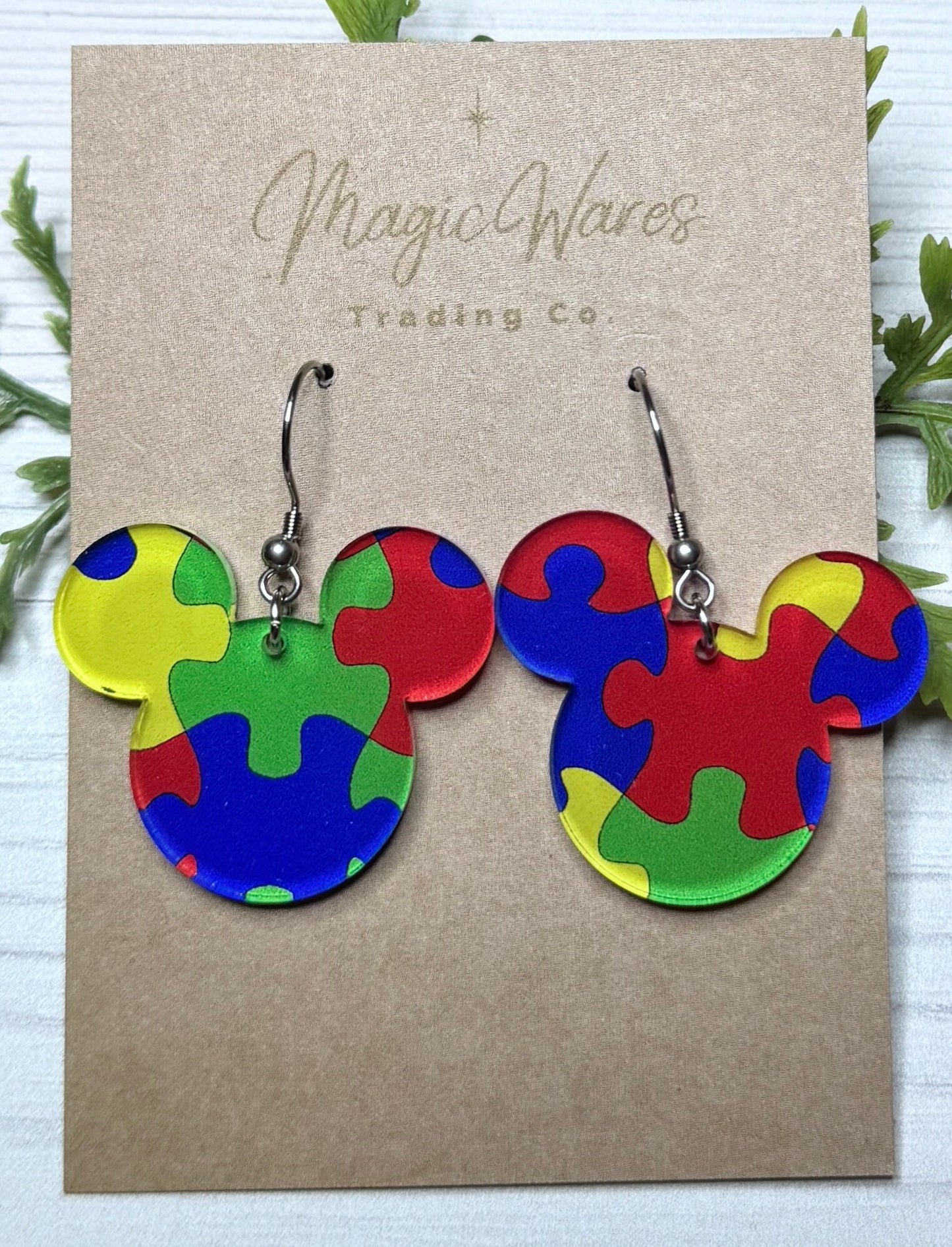 Autism Awareness Puzzle Pattern Mouse head shaped dangle earrings, Laser cut Acrylic Earrings Autism Puzzle pattern crystal acrylic