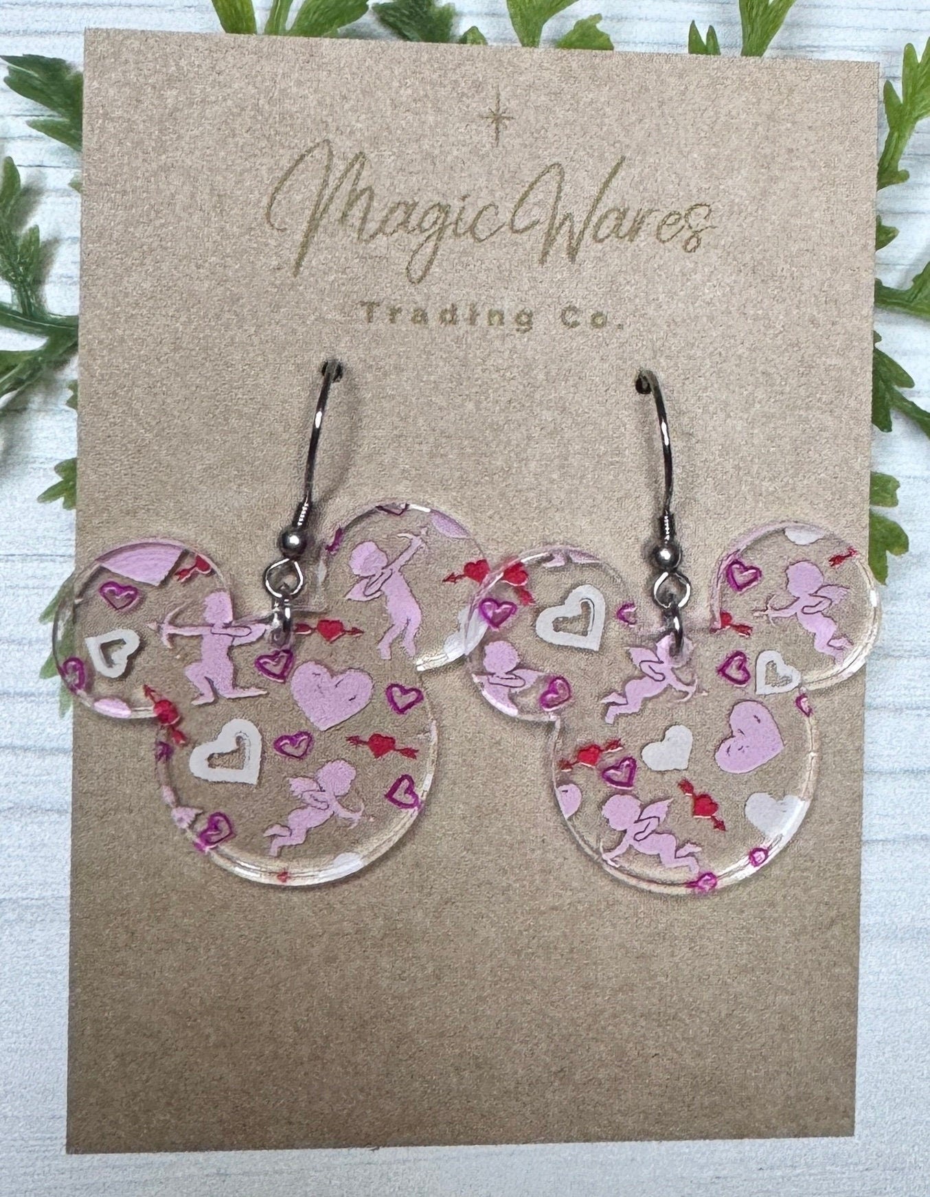 Baby Cupid Mouse head Dangle, Laser cut Pink Red and White Cupid and Hearts Patterned Crystal Acrylic Dangle Earrings, Valentines earrings