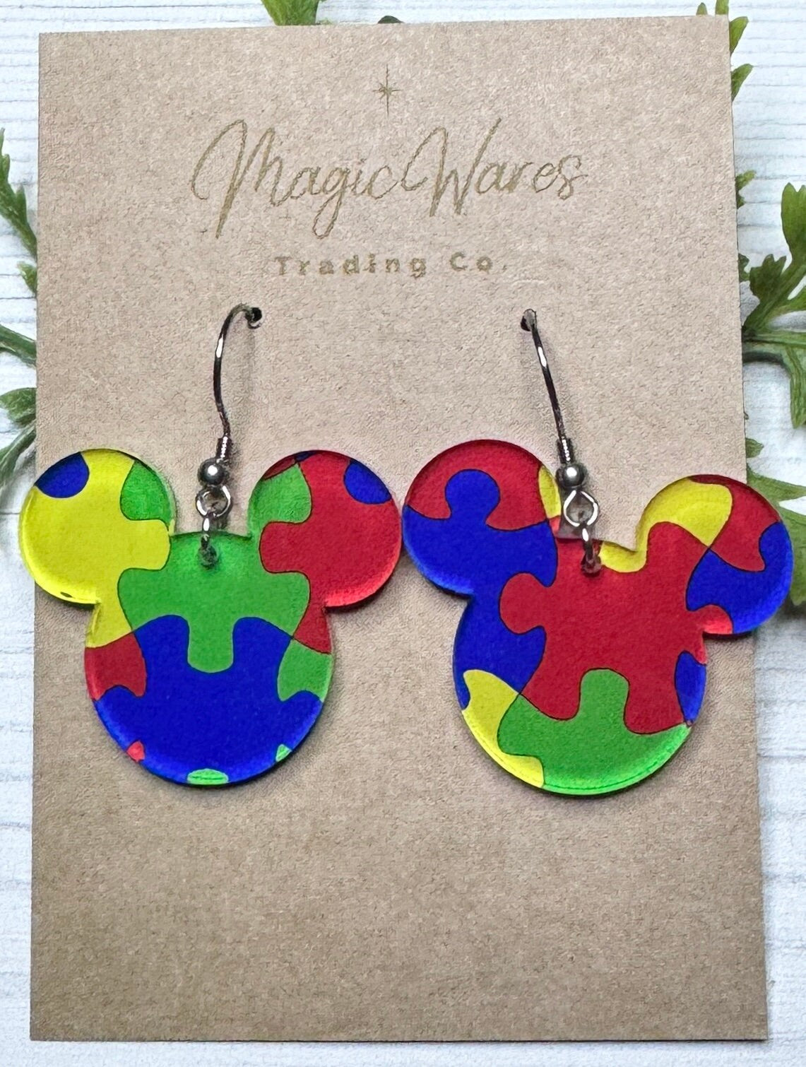 Autism Awareness Puzzle Pattern Mouse head shaped dangle earrings, Laser cut Acrylic Earrings Autism Puzzle pattern crystal acrylic