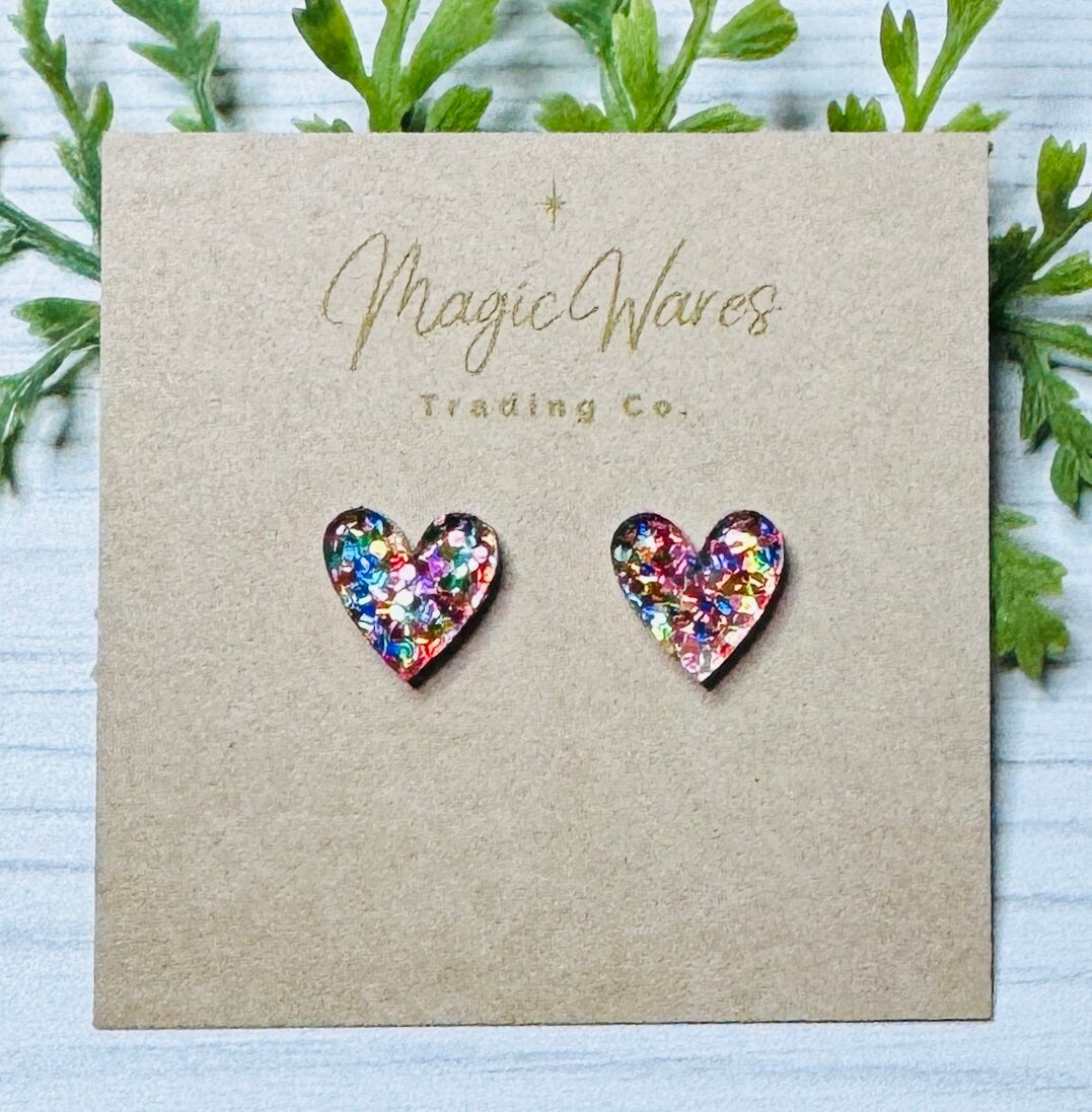 Heart Stud Earrings Confetti Glitter Laser Cut Glitter Acrylic Post Earrings Pierced Earlobe Glitter Valentines Day earrings hypoallergenic