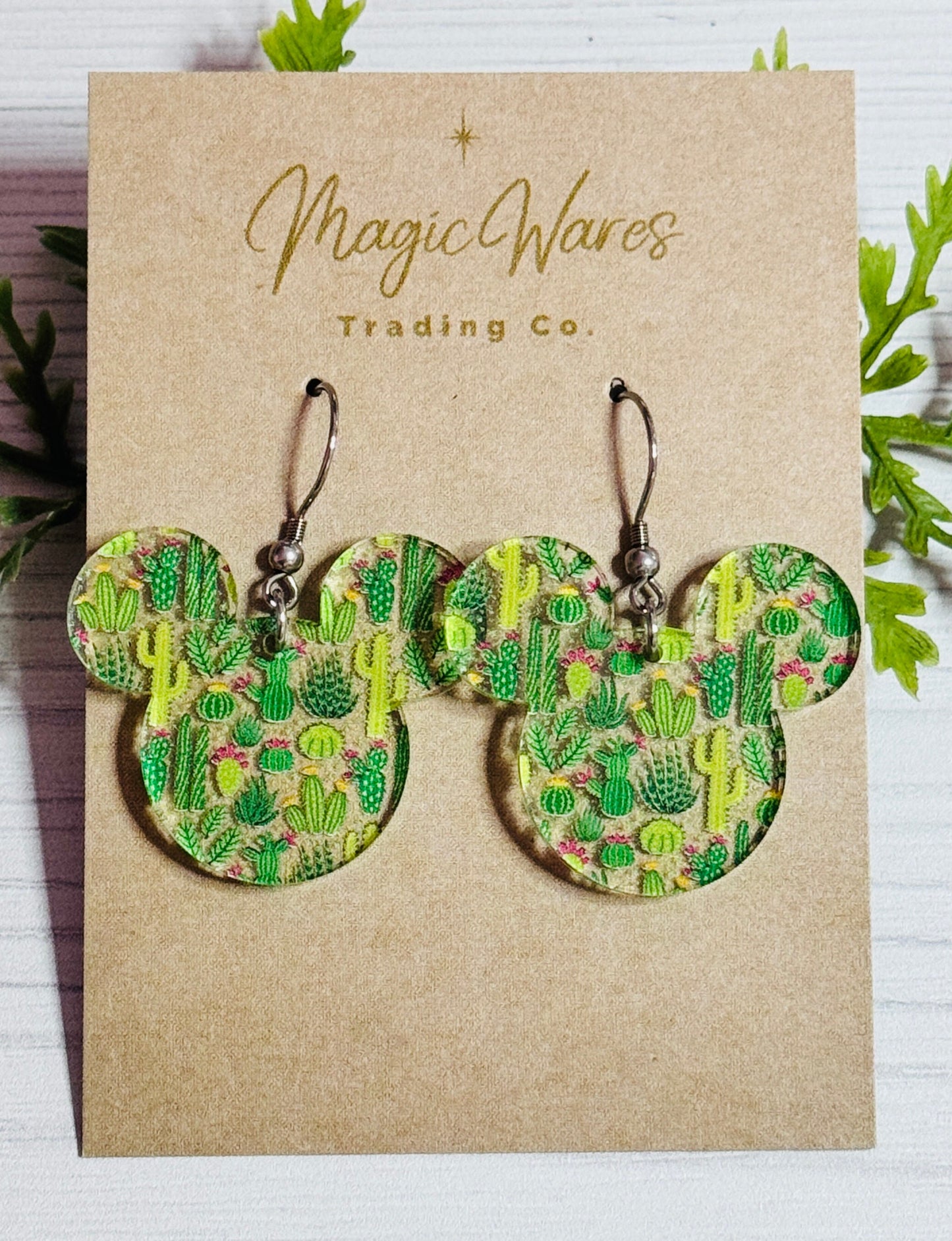 Succulents Pattern Crystal Acrylic Mouse head shaped Laser cut Earrings, Lightweight dangle earrings Flower and Garden Festival Earrings
