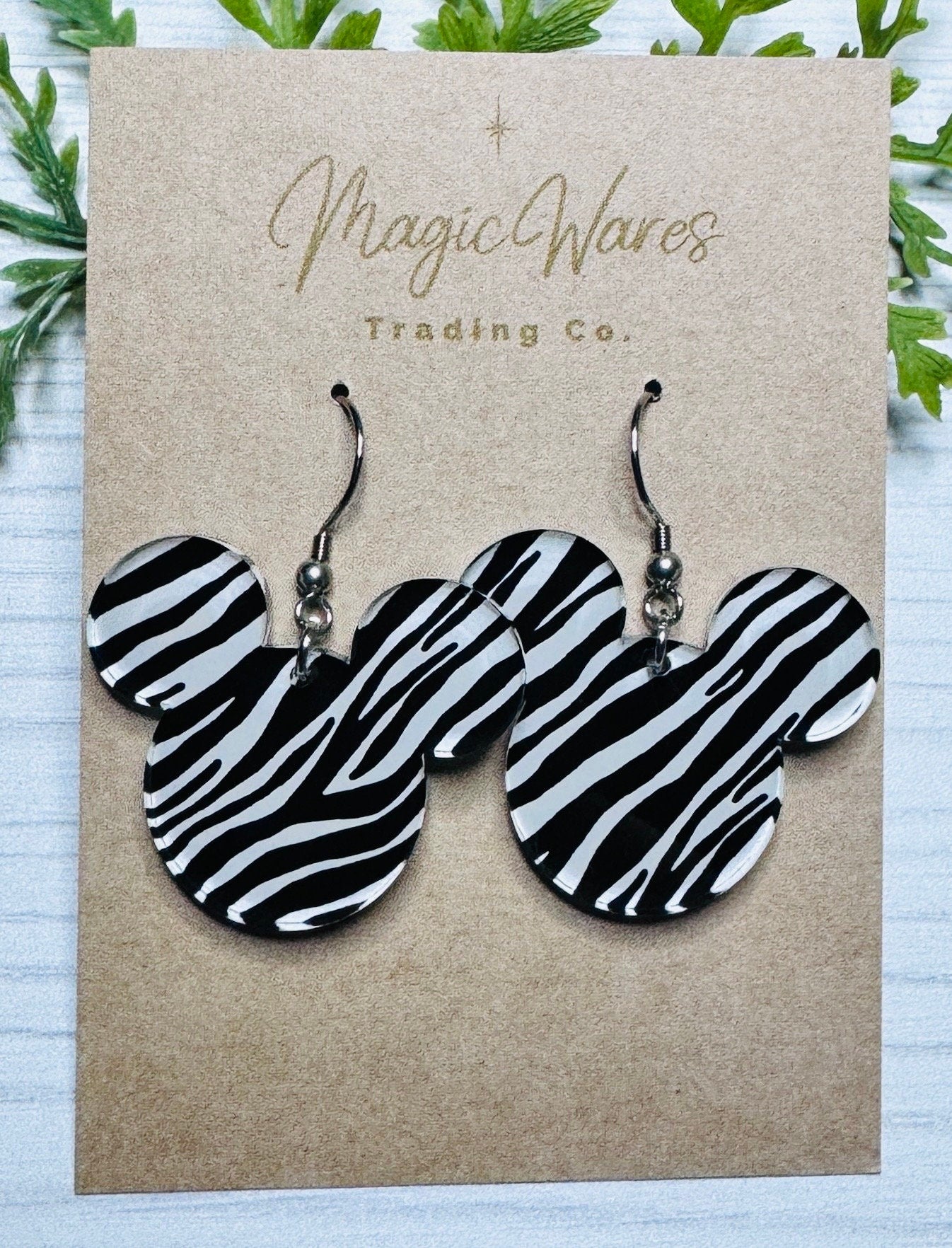 Zebra Mouse, Laser Cut, Zebra pattern on Black Acrylic Earrings, Dangle Earrings, Made to order, Glowforge Earrings