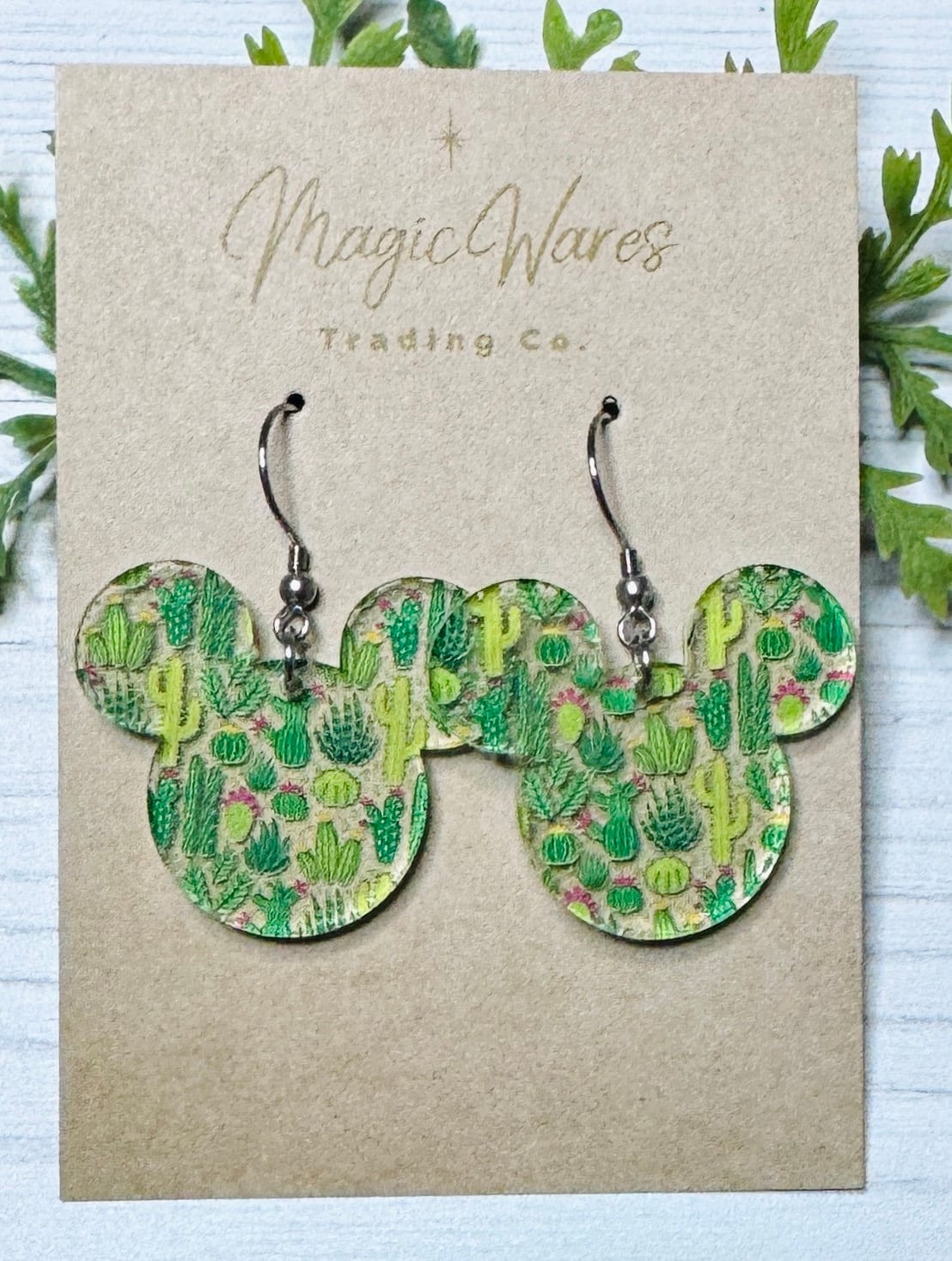 Succulents Pattern Crystal Acrylic Mouse head shaped Laser cut Earrings, Lightweight dangle earrings Flower and Garden Festival Earrings