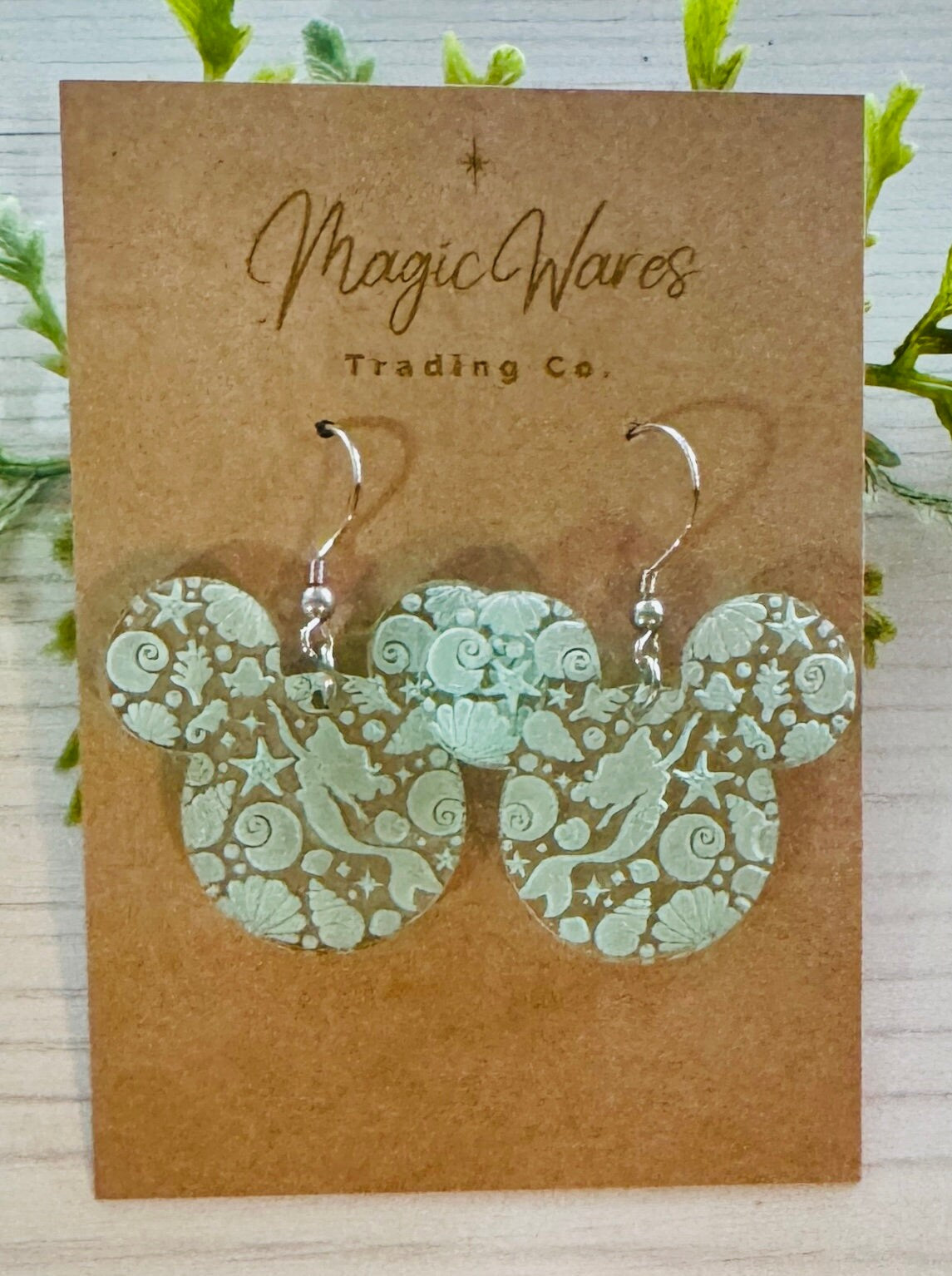 Mermaid Engraved Acrylic Earrings Sea Glass Green Acrylic, Laser Engraved Mousehead shaped Dangle earrings, Mermaid inspired earrings