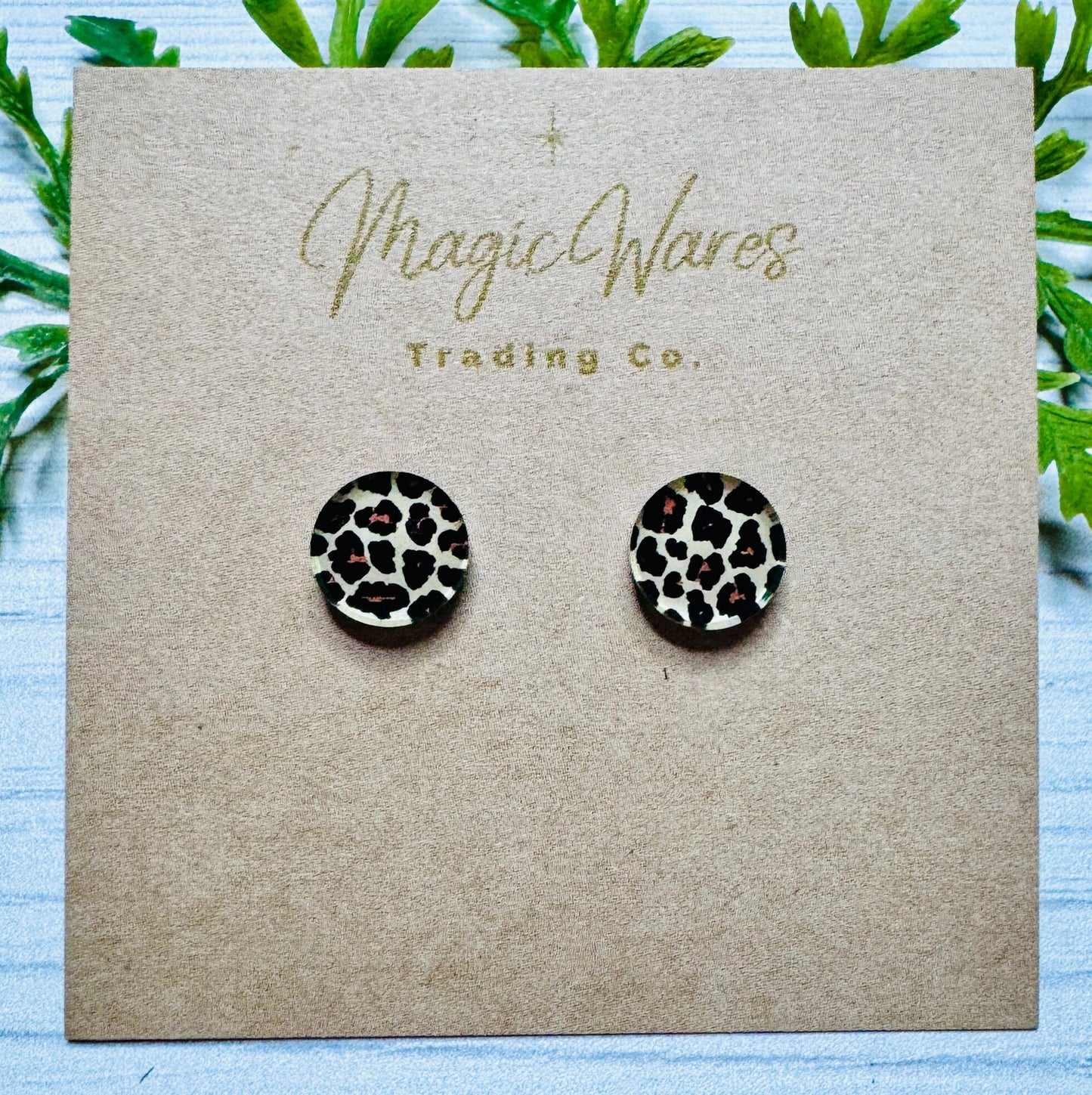 Round Leopard Stud Earrings, Laser Cut Post Earrings Pierced Earlobe Leopard Print on Crystal Acrylic