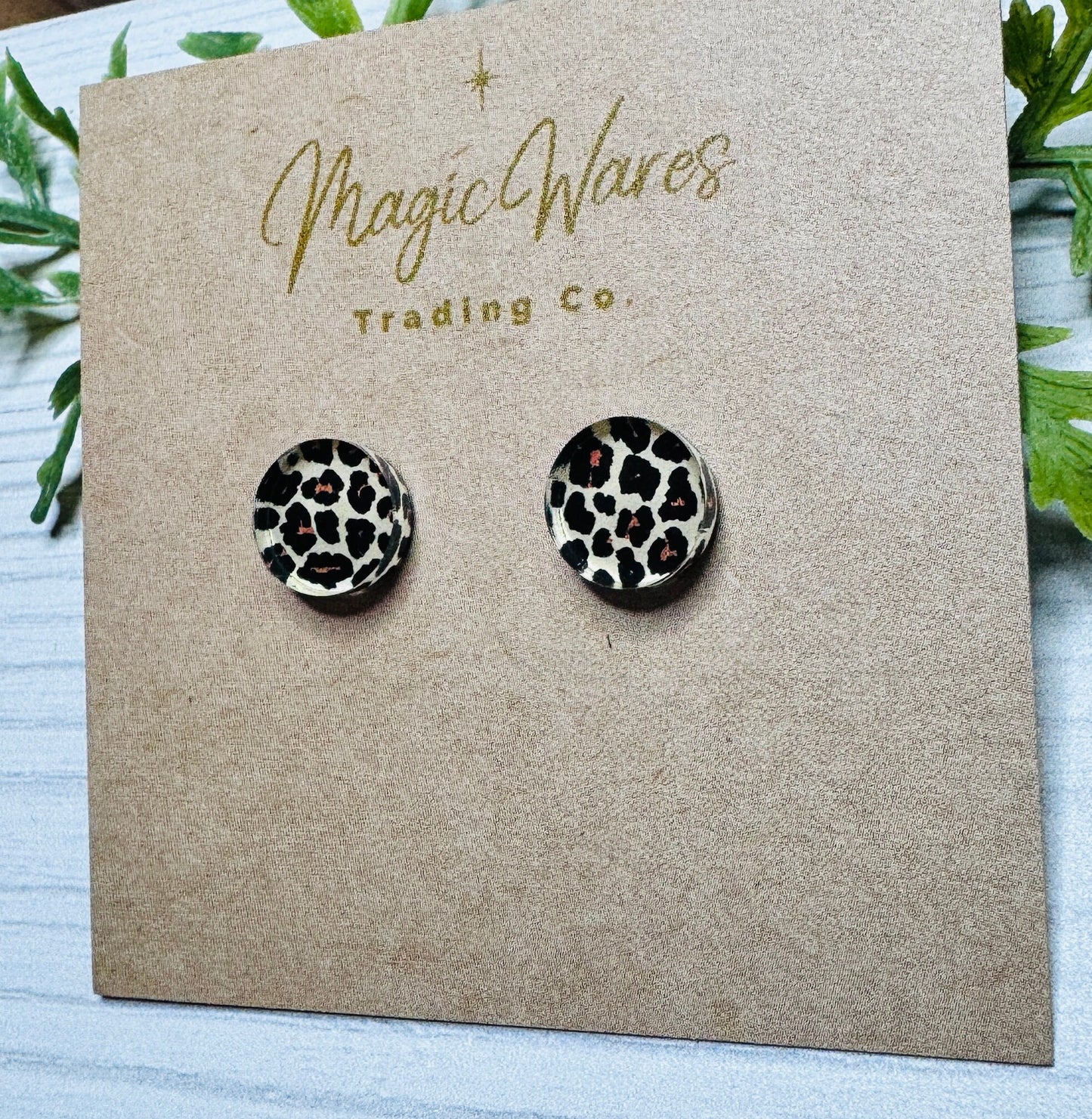 Round Leopard Stud Earrings, Laser Cut Post Earrings Pierced Earlobe Leopard Print on Crystal Acrylic