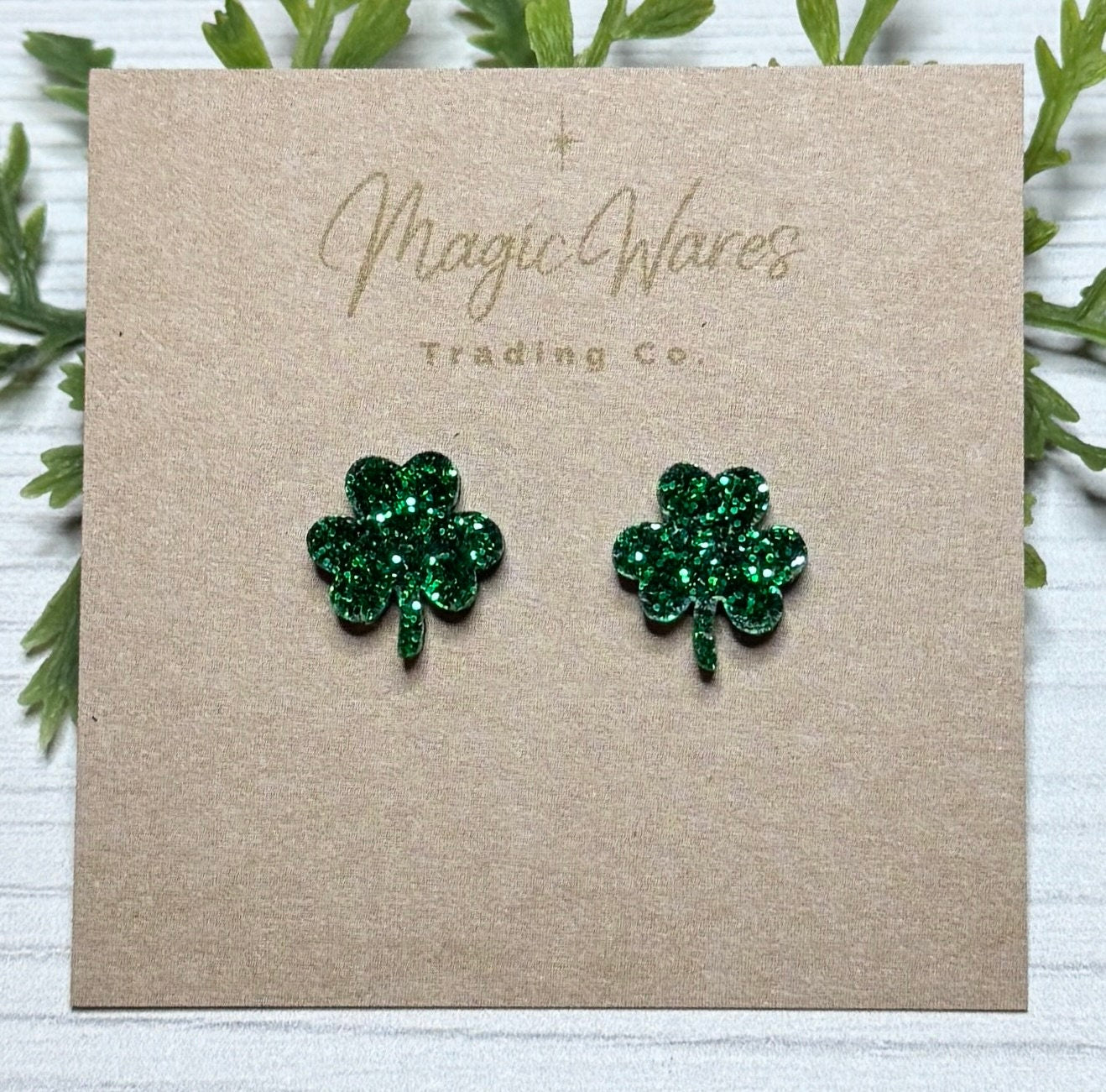 Shamrock Stud Earrings, Green Glitter Laser Cut Acrylic Post Earrings Pierced Earlobe hypoallergenic St Patricks Day earrings