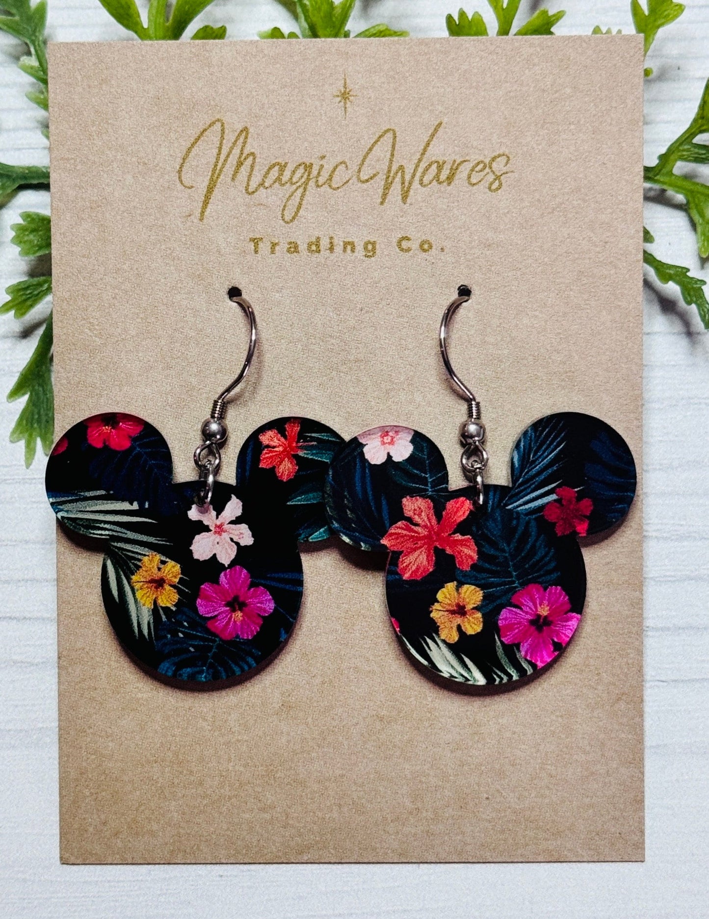 Poly Floral Mouse, Laser Cut, Floral patterned Crystal Acrylic Earrings, Dangle Earrings, Made to order, Glowforge Earrings