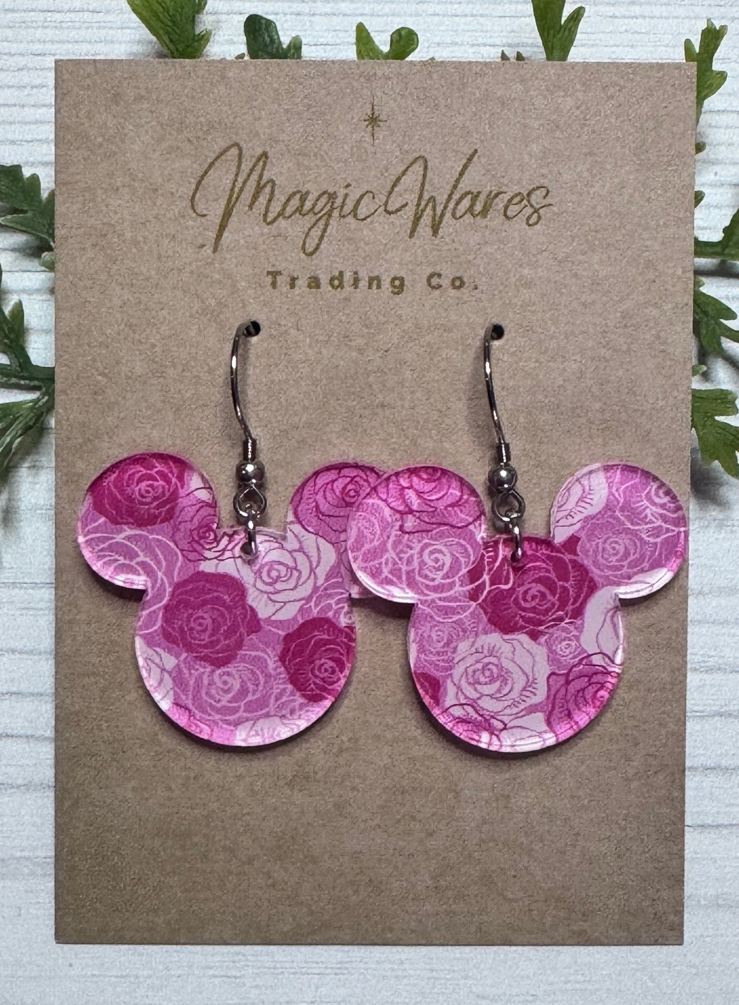Pink Roses Mouse Head Laser Cut Earrings Pink Roses Patterned Acrylic Dangle Earrings Hypoallergenic
