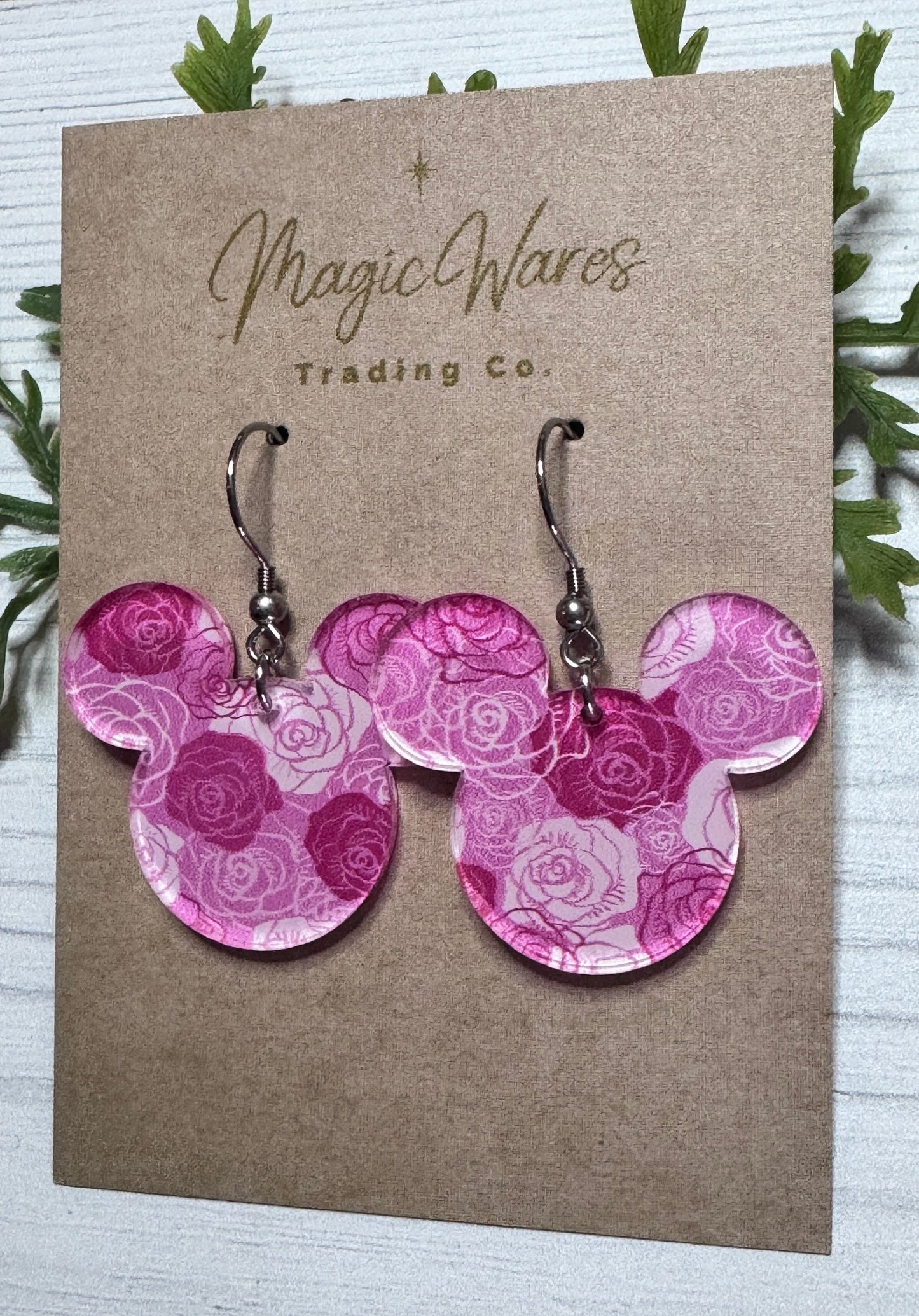 Pink Roses Mouse Head Laser Cut Earrings Pink Roses Patterned Acrylic Dangle Earrings Hypoallergenic