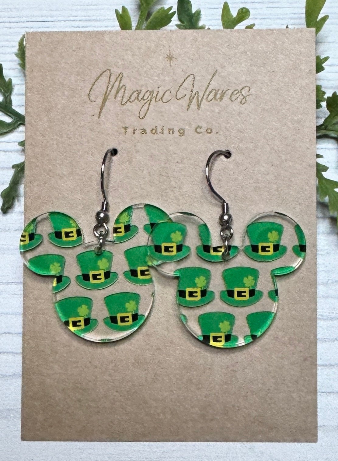 Leprechaun Mouse, Mouse head shaped Laser cut Leprechaun Hats Patterned Crystal Acrylic Earrings, St. Patricks Day earrings