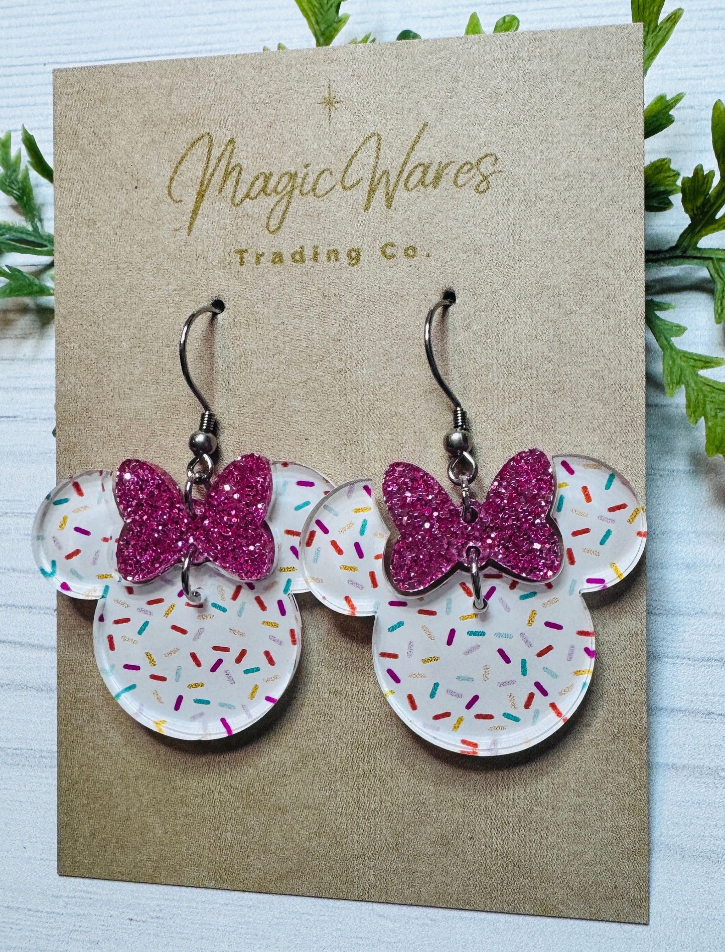 White Sprinkles Pink Glitter Minnie Bow Dangle Earrings, Laser Acrylic Earrings Sprinkles with White background