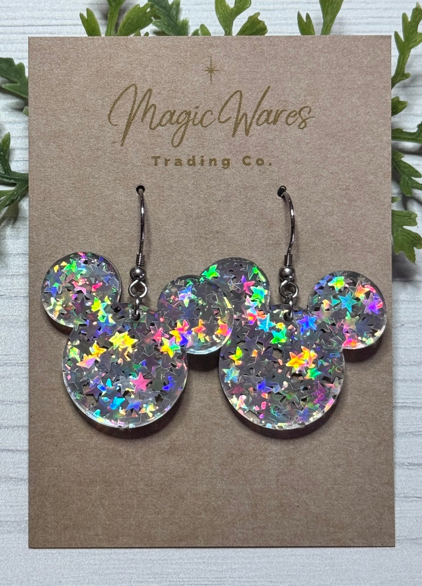 Holographic Stars Glitter, Mouse head shaped Dangle Earrings, Laser cut Glitter Acrylic Earrings, Made to order Glitter earrings