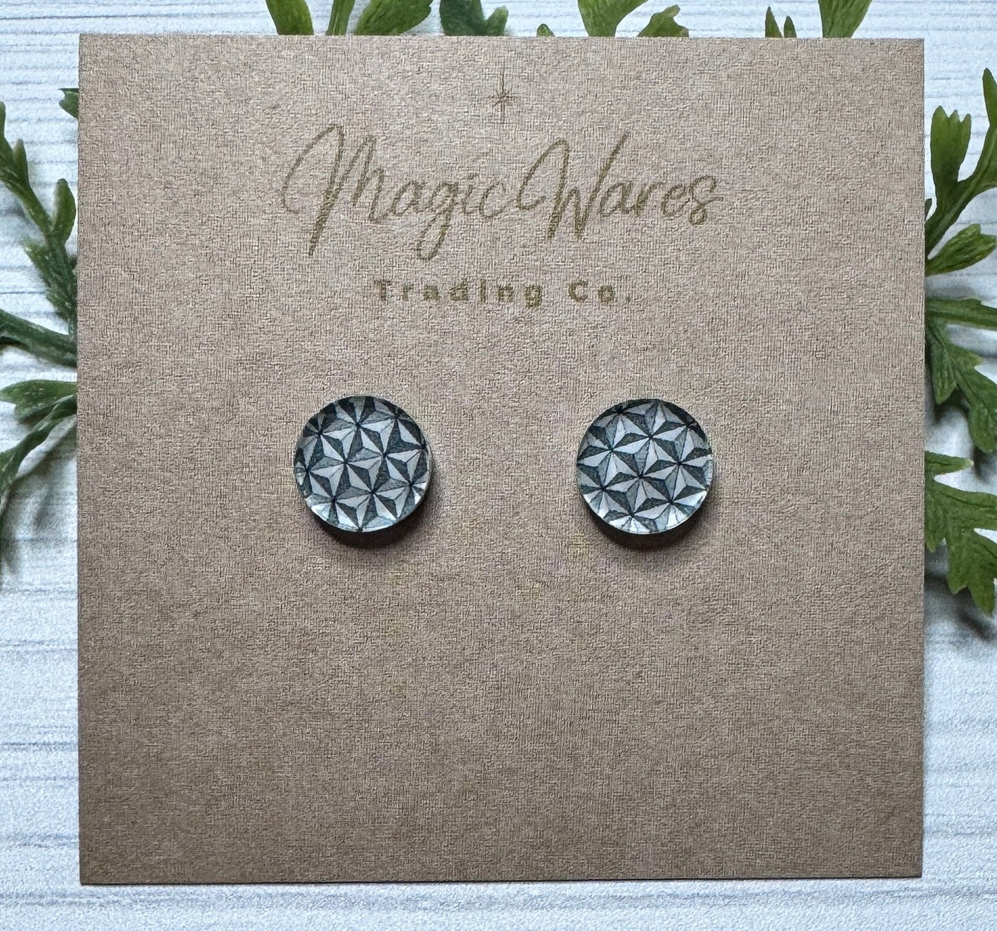 Round Spaceship Stud Earrings Grey and White Geometric Print Crystal Acrylic Laser Cut Post Earrings Pierced Earlobe earrings