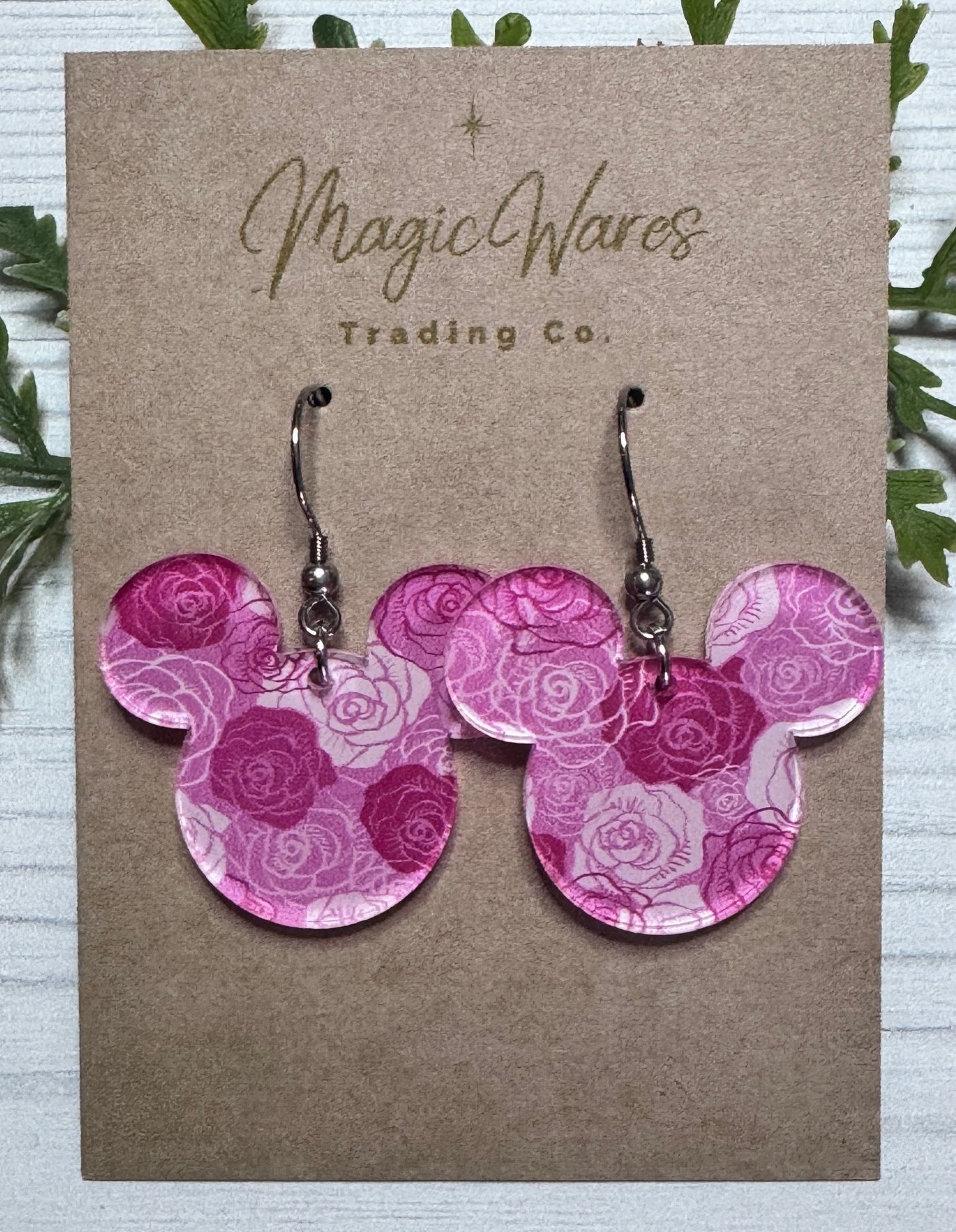 Pink Roses Mouse Head Laser Cut Earrings Pink Roses Patterned Acrylic Dangle Earrings Hypoallergenic