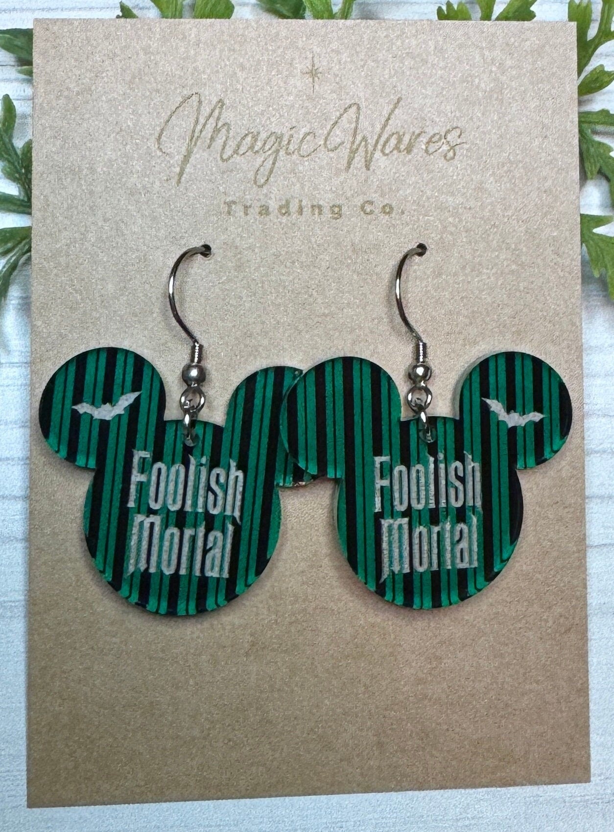 Foolish Mortal Engraved Dangle Earrings, Laser Cut Green and Black Striped patterned Crystal Acrylic Earrings, Dangle Earrings HM inspired